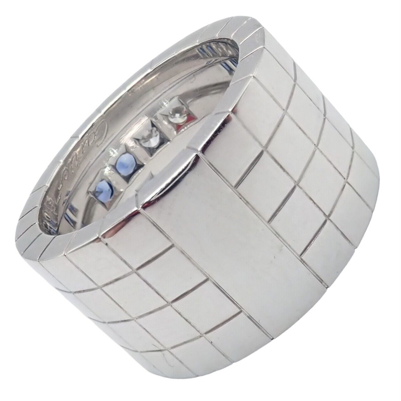 Cartier 18k White Gold Lanieres Diamond & Blue Sapphire Wide Band Ring - Size 6.5 (US 53) - Luxury Wedding Band, Anniversary Gift for Her, Elegant Jewelry for Special Occasions