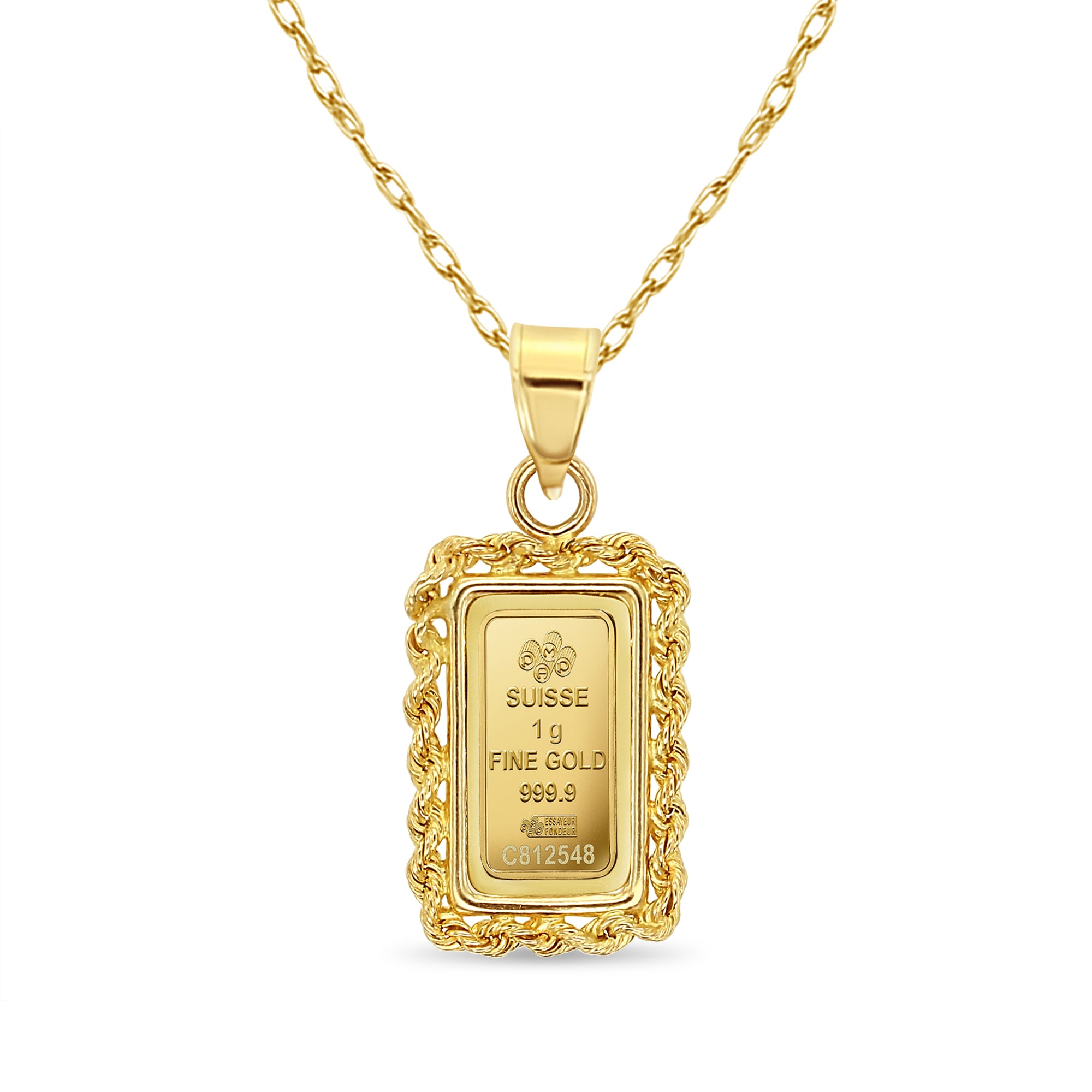 1 Gram Credit Suisse Gold Bar Rope Bezel Necklace - 24K Solid Gold Pendant for Women, Elegant Jewelry Gift for Her - Perfect for Parties, Weddings & Special Occasions