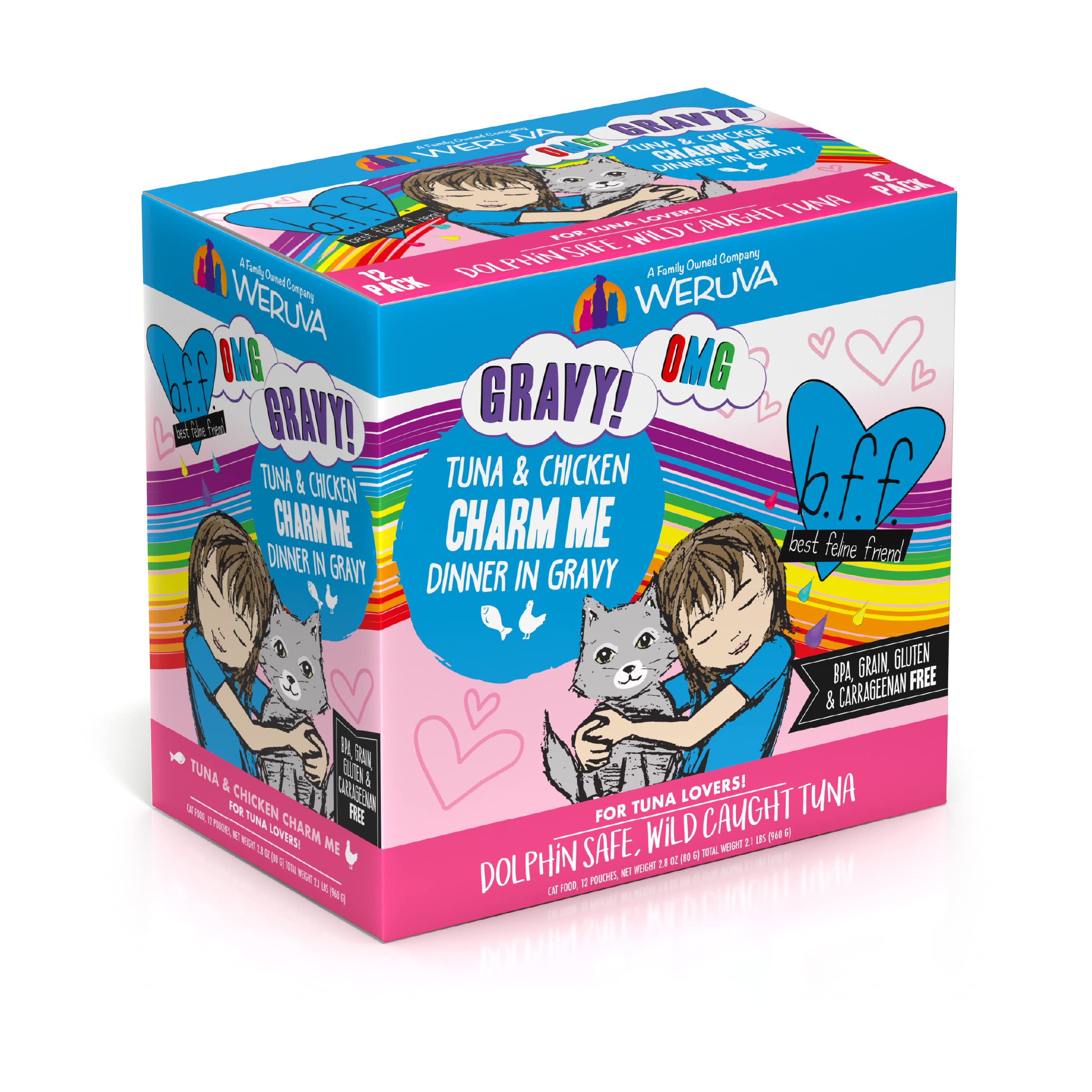 Weruva B.F.F. OMG Tuna & Chicken in Gravy Cat Food - Grain-Free Wet Cat Food Pouches, 3oz (Pack of 12) - High Protein Meal for Adult & Senior Cats - Perfect for Picky Eaters & Hydration Boost