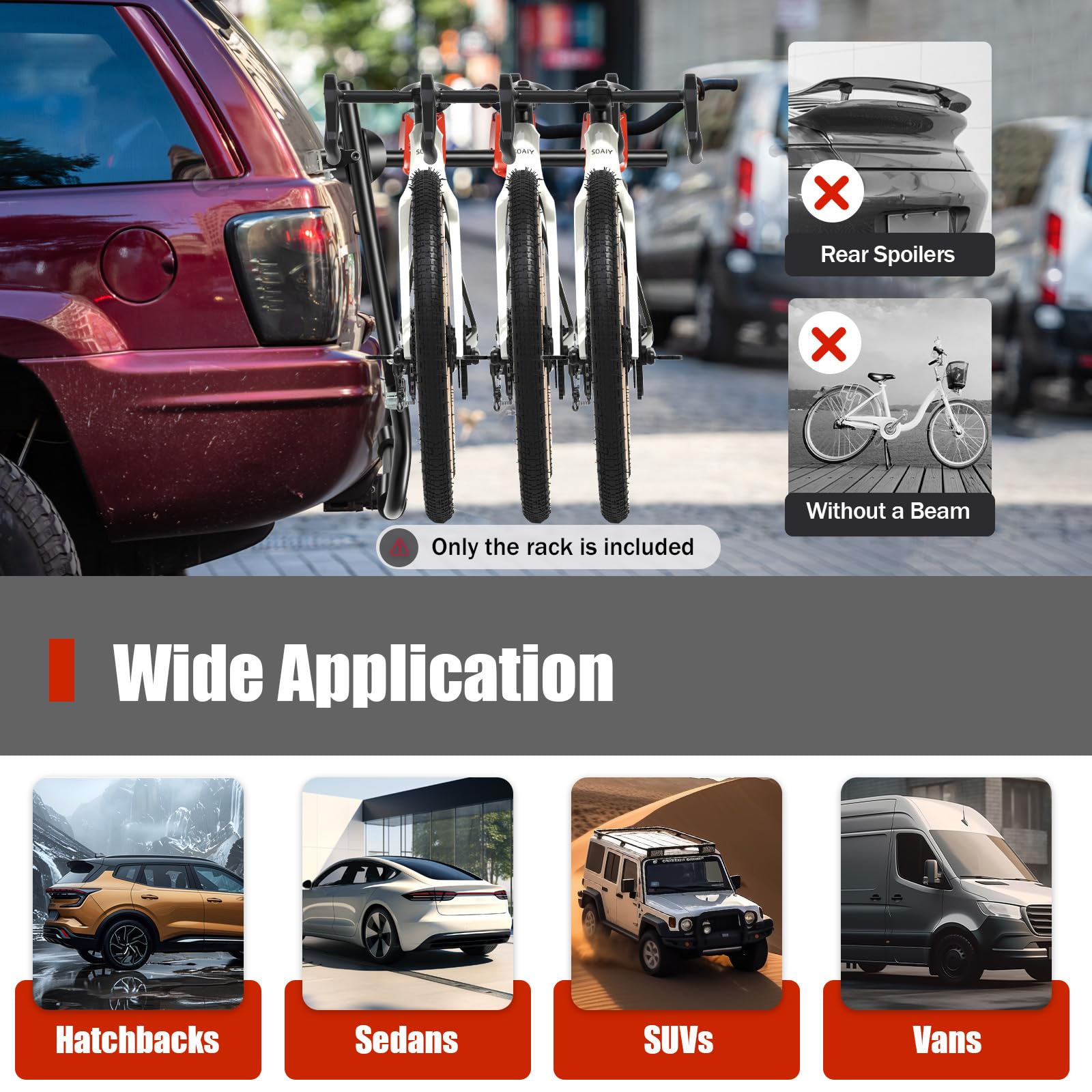 Foldable 3-Bike Trunk Mount Rack for Cars - Heavy Duty 44.09lbs Capacity Bicycle Carrier for Sedans & SUVs - Perfect for Road Trips, Camping & Family Outings