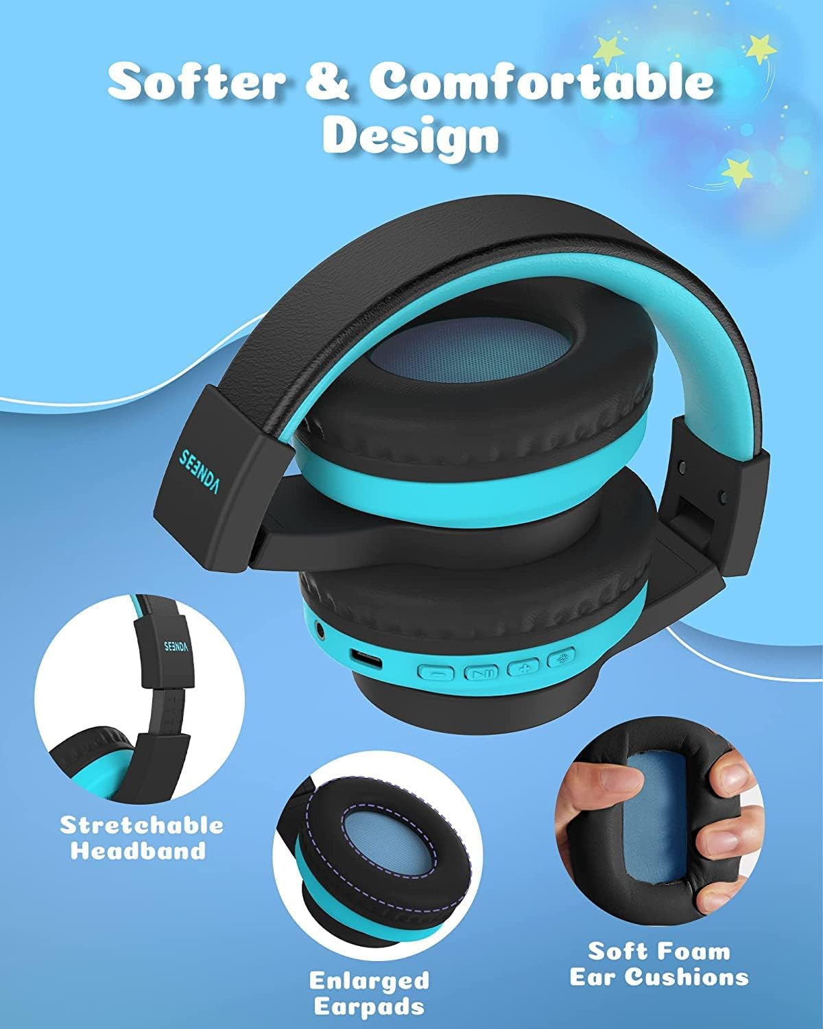 Seenda Kids Bluetooth Headphones with LED Lights - Foldable Over-Ear Wireless/Wired Headset (85dB/94dB Volume Limited) for School, Travel, Gaming & TV - Compatible with PC, Tablet, Airplane - Black & Blue | Perfect for Online Classes, Long Flights & Entertainment