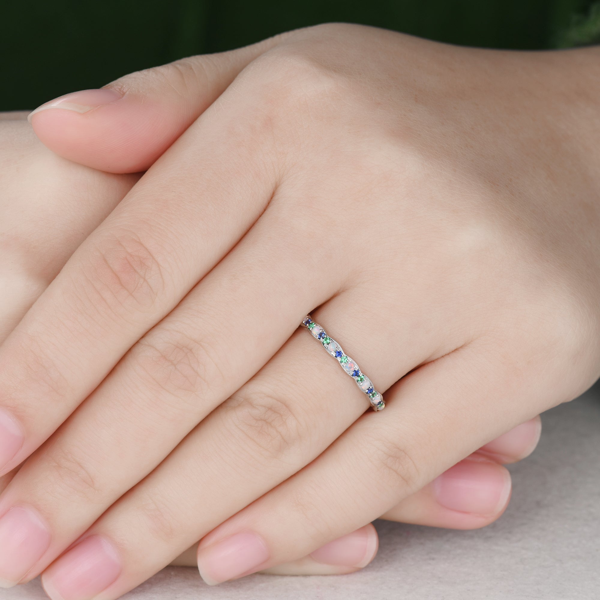 Family Birthstone White Gold Wedding Band - Opal, Emerald, Sapphire Full Eternity Ring for Women | Perfect Anniversary, Engagement & Bridal Jewelry Gift