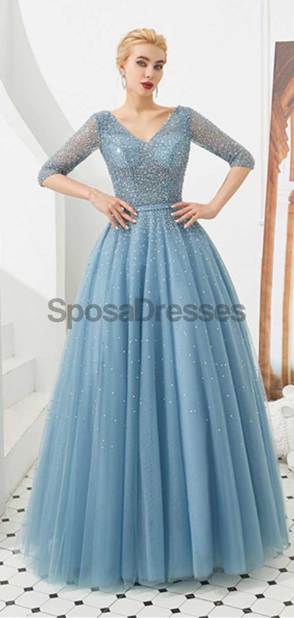 Elegant Blue Beaded Long Sleeve A-Line Prom Dress for Evening Parties & Formal Events | Perfect for Homecoming, Prom Night & Special Occasions