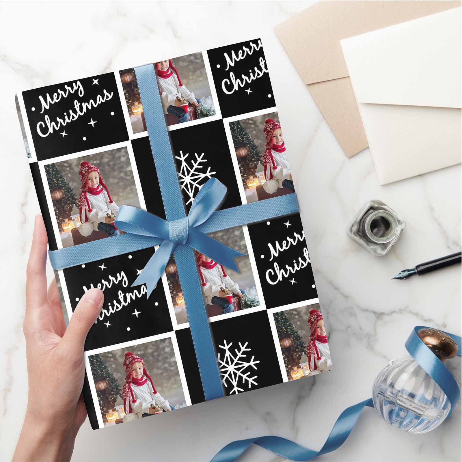 MyPupSocks Custom Photo Wrapping Paper - Personalized Christmas Snowflake Black Gift Wrap Roll (58x23 inches) for Kids, Boys & Girls - Birthday, Anniversary & Holiday Gift Wrapping - 3 Rolls - Perfect for Christmas Presents, Birthday Gifts & Special Occasions
