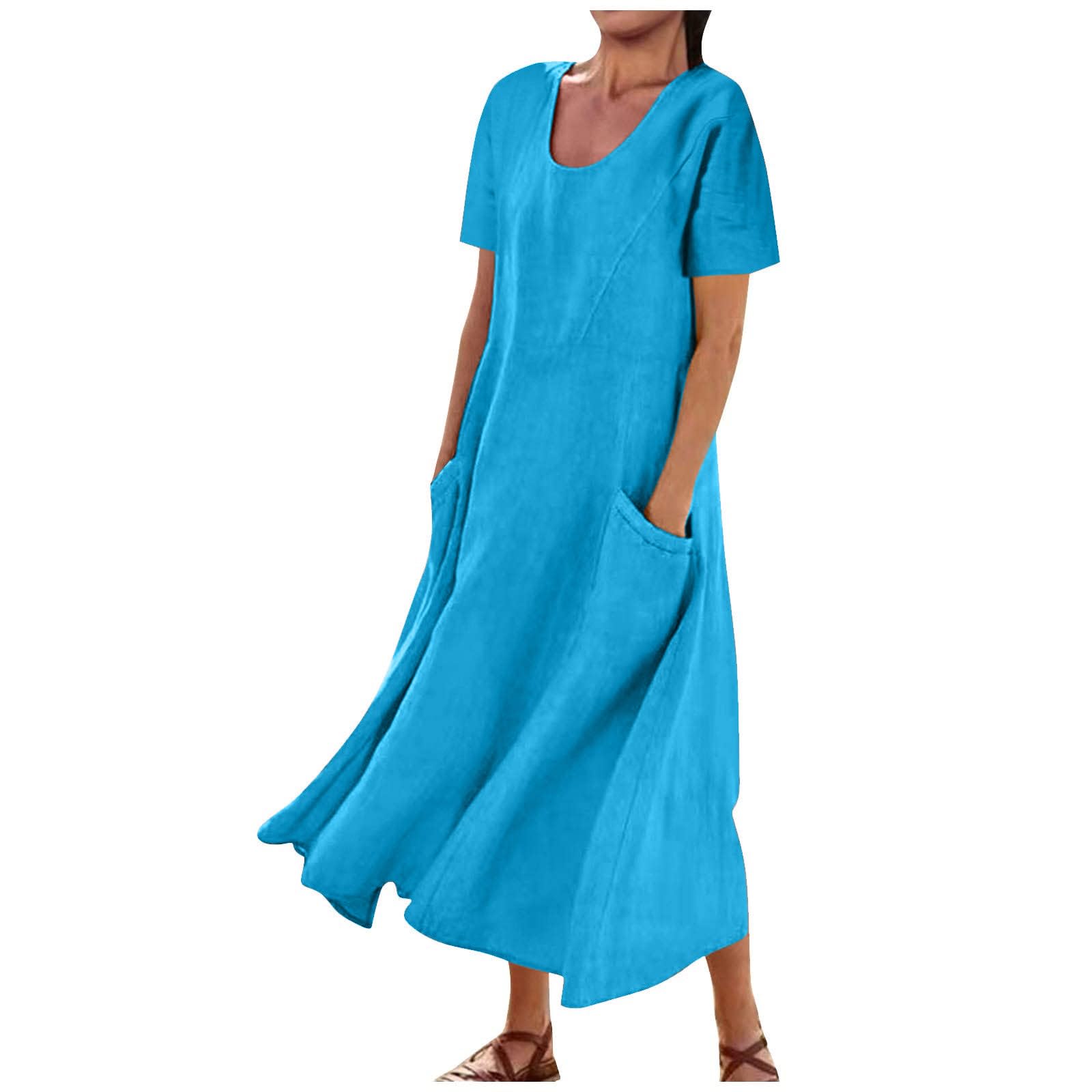 Women's Cotton Linen Summer Dress 2025 - Casual Loose Short Sleeve A-Line Midi Dress with Pockets | Flowy Beach Coverup for Vacation, Travel & Outdoor Activities