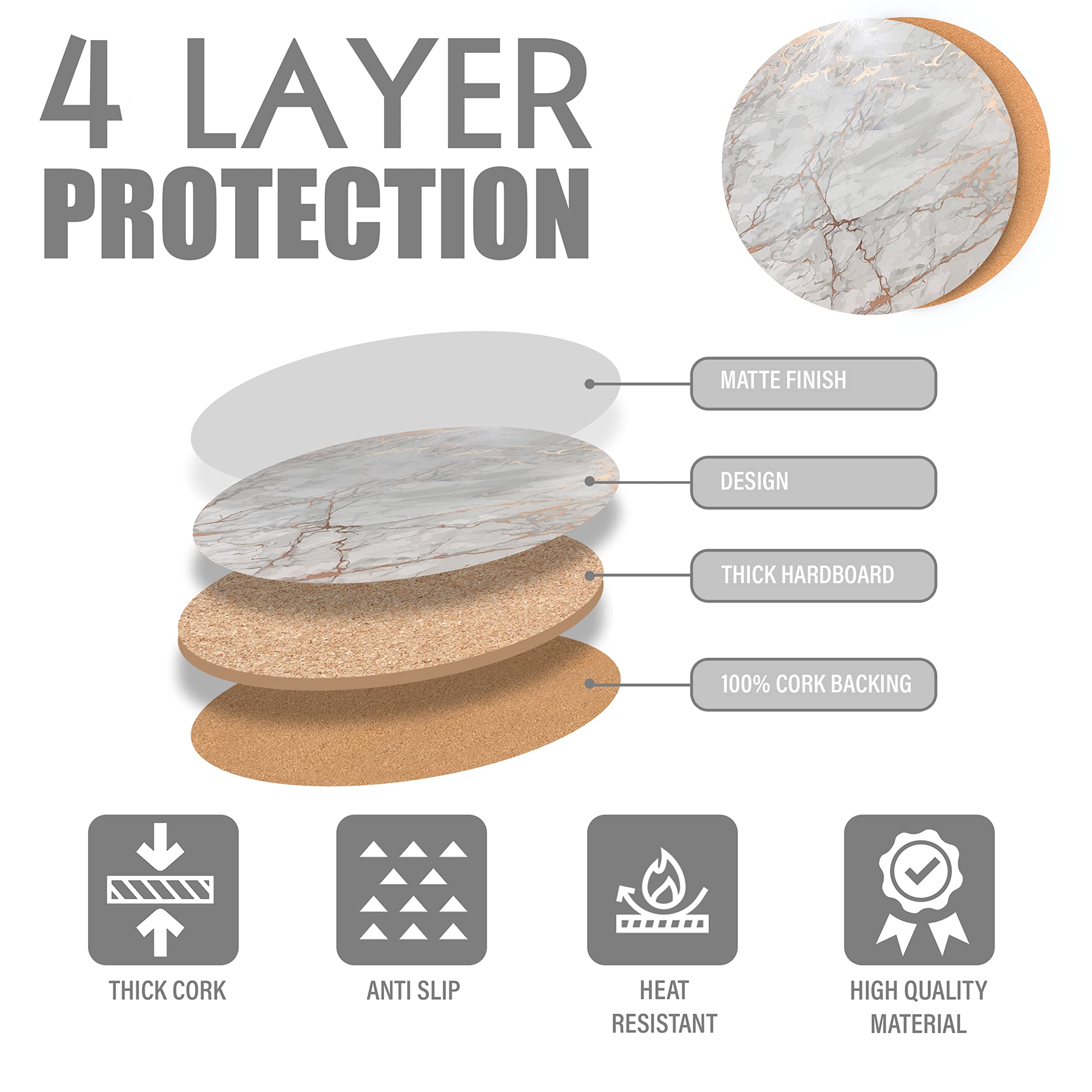 Elegant Rose Gold Marble Round Cork Placemats Set of 8 - 15