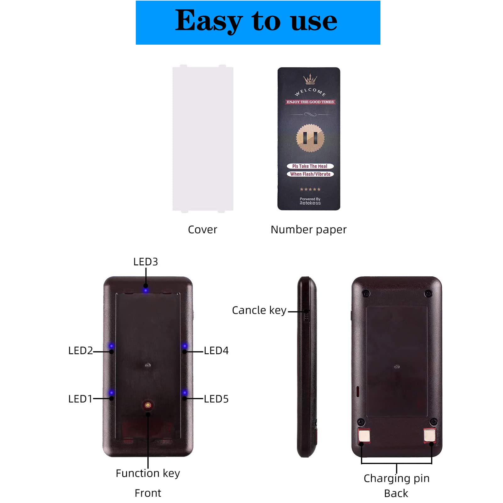 Retekess T115 Restaurant Pagers - 18-Pack Waterproof Wireless Pager System with Touch Keyboard, Vibration & Flash Alerts for Food Trucks, Cafes, Church Nurseries - Ideal for Order Pickup & Customer Notification