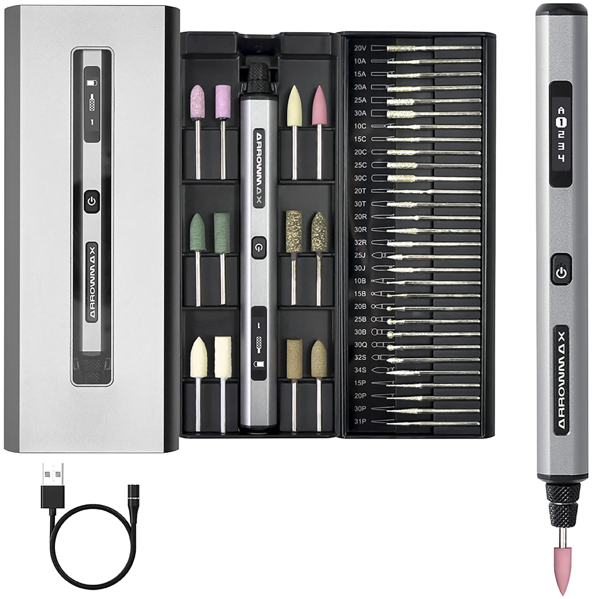 ARROWMAX Electric Engraving Pen with 42 Bits - Smart Motion Control, OLED Display & Bluetooth APP - Wireless Magnetic Charging for Jewelry, Wood, Glass & Stone Carving - Perfect for DIY Crafts, Personalized Gifts & Professional Engraving (Aluminum Case, SGS Certified)