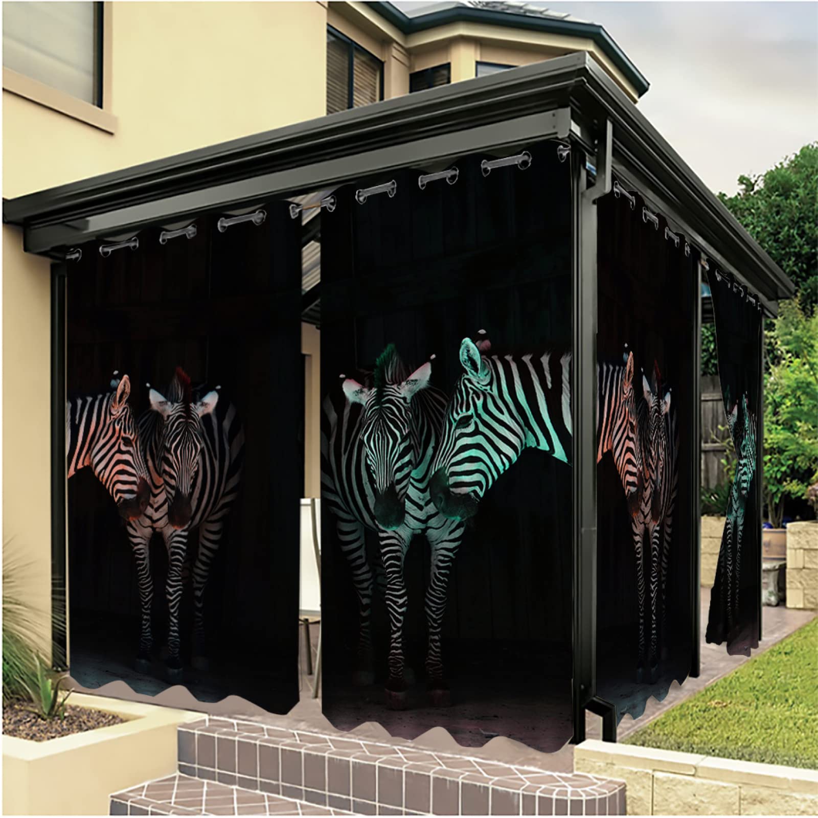 Waterproof Black Zebra 3D Printed Blackout Patio Curtains - UV & Fade Resistant Outdoor Curtains for Gazebo, Pergola, Porch, Pavilion - 2 Panels (52