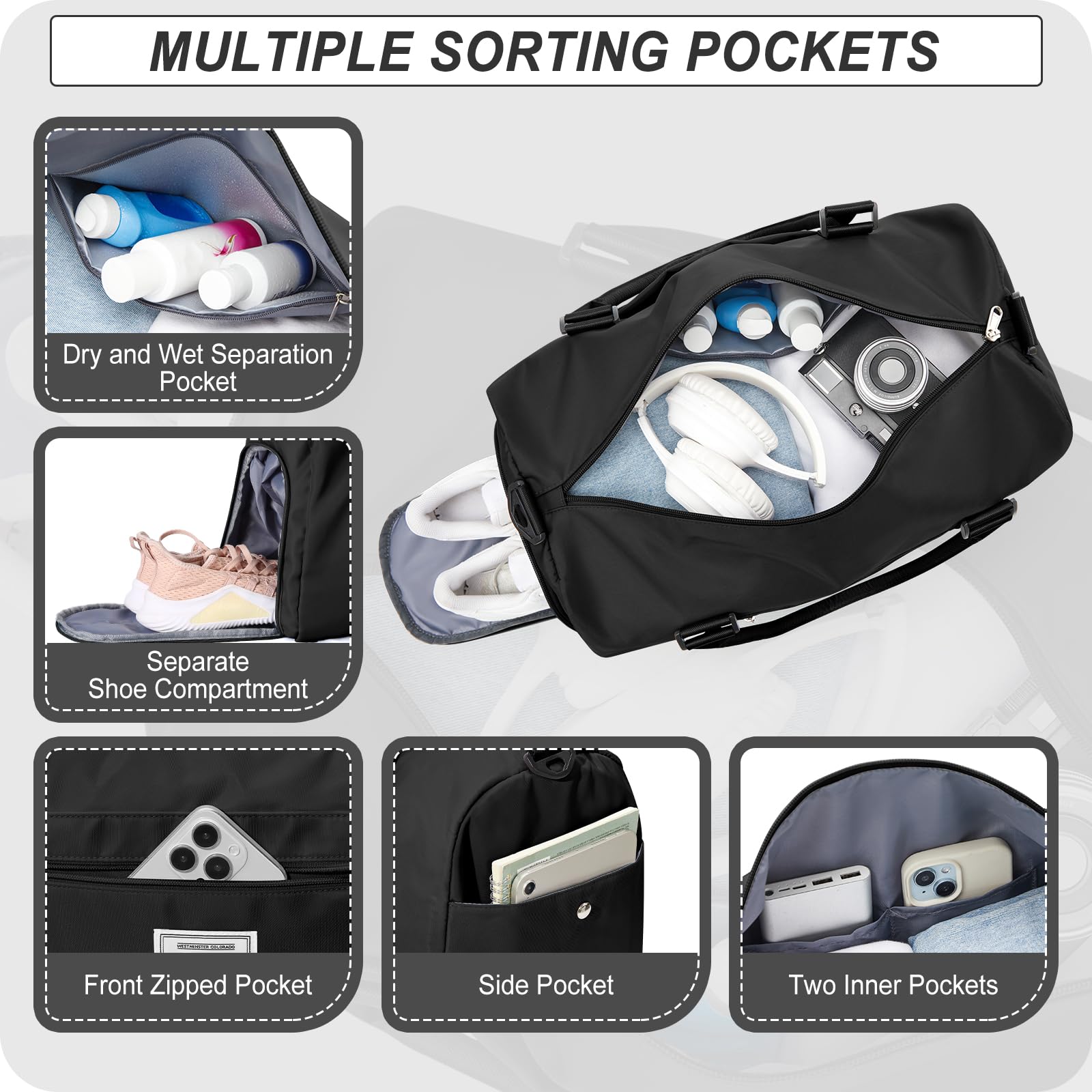Premium Gym Bag for Women & Men with Shoe Compartment & Wet Pocket - Waterproof Travel Duffel Bag for Sports, Gym, Weekend Trips & Airplane Carry-On - Includes Toiletry Bag for Overnight Stays & Hospital Visits
