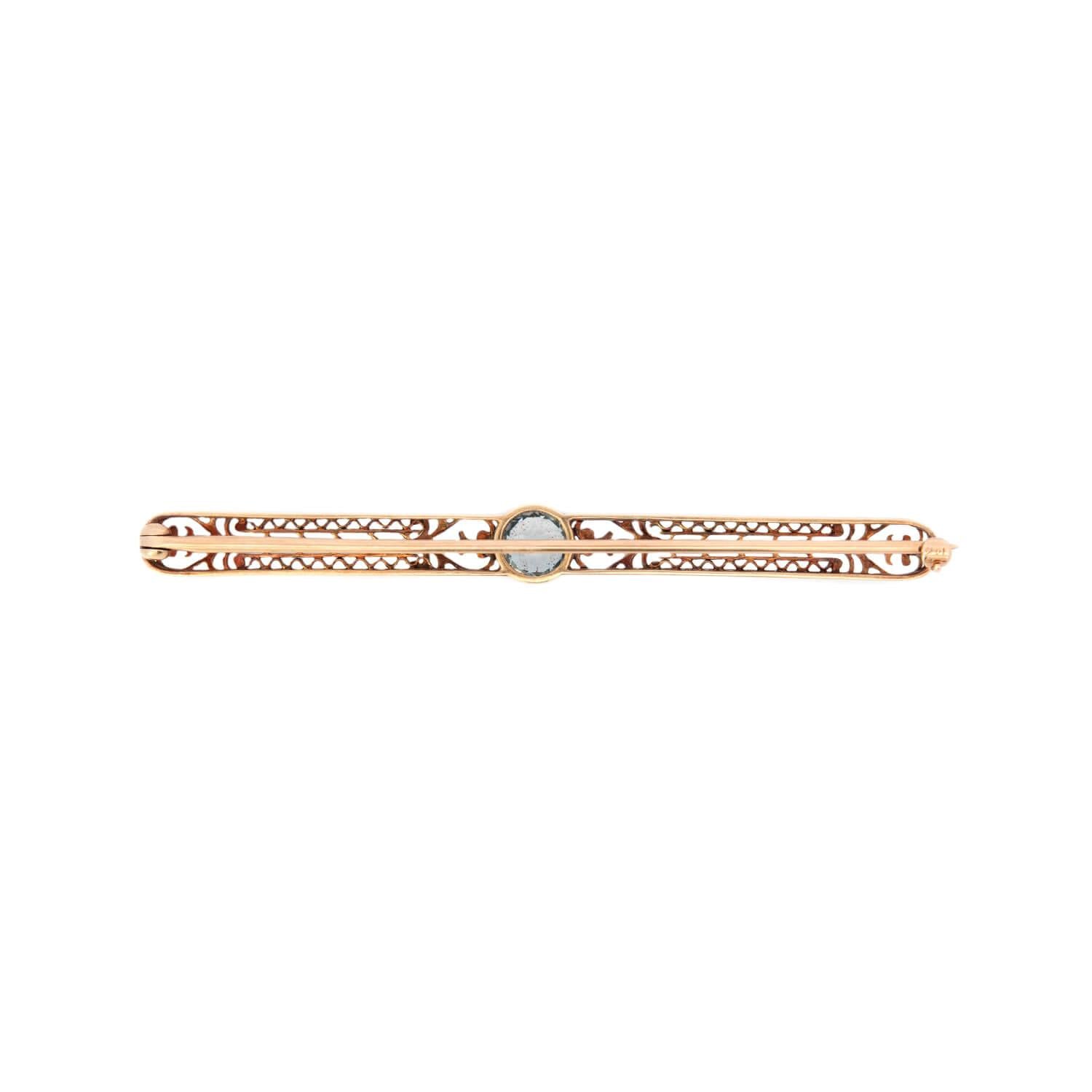 14K Gold Victorian Aquamarine Filigree Bar Pin - Elegant Antique Jewelry for Bridal, Vintage Fashion & Special Occasions