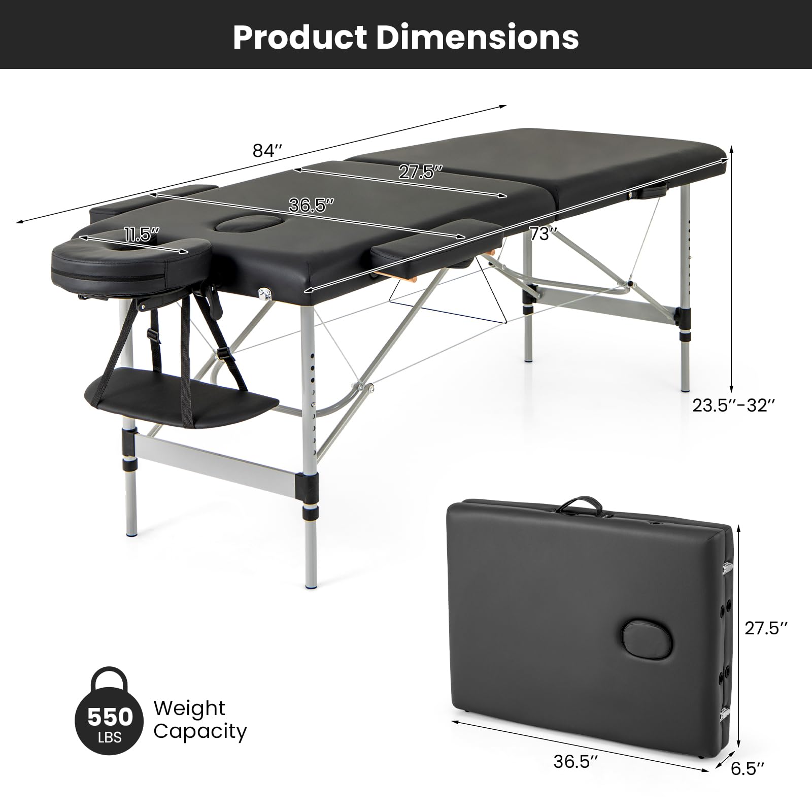 Professional Portable Massage Table - Adjustable Height Folding Massage Bed with Carrying Bag, Sturdy Aluminum Frame for Salon, Spa, Tattoo & Esthetician Use - Perfect for Home & Professional Massage Therapy (Black)