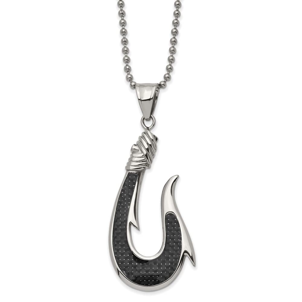 Black Bow Stainless Steel & Carbon Fiber Necklace - 22 Inch Large Hook Pendant for Women - Perfect for Parties, Weddings & Everyday Elegant Style