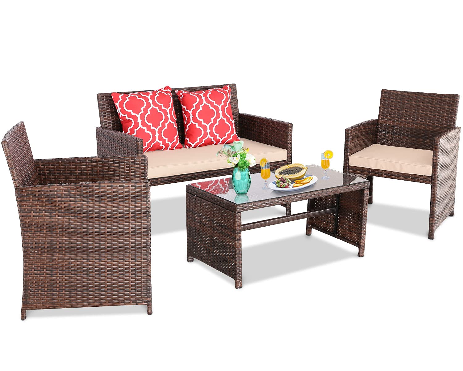 Furnimy 4-Piece Outdoor Patio Furniture Set - PE Rattan Wicker Chairs & Table for Poolside, Garden, Balcony, Porch, Deck, Backyard (Beige) | Durable All-Weather Patio Set for Relaxing & Entertaining Outdoors
