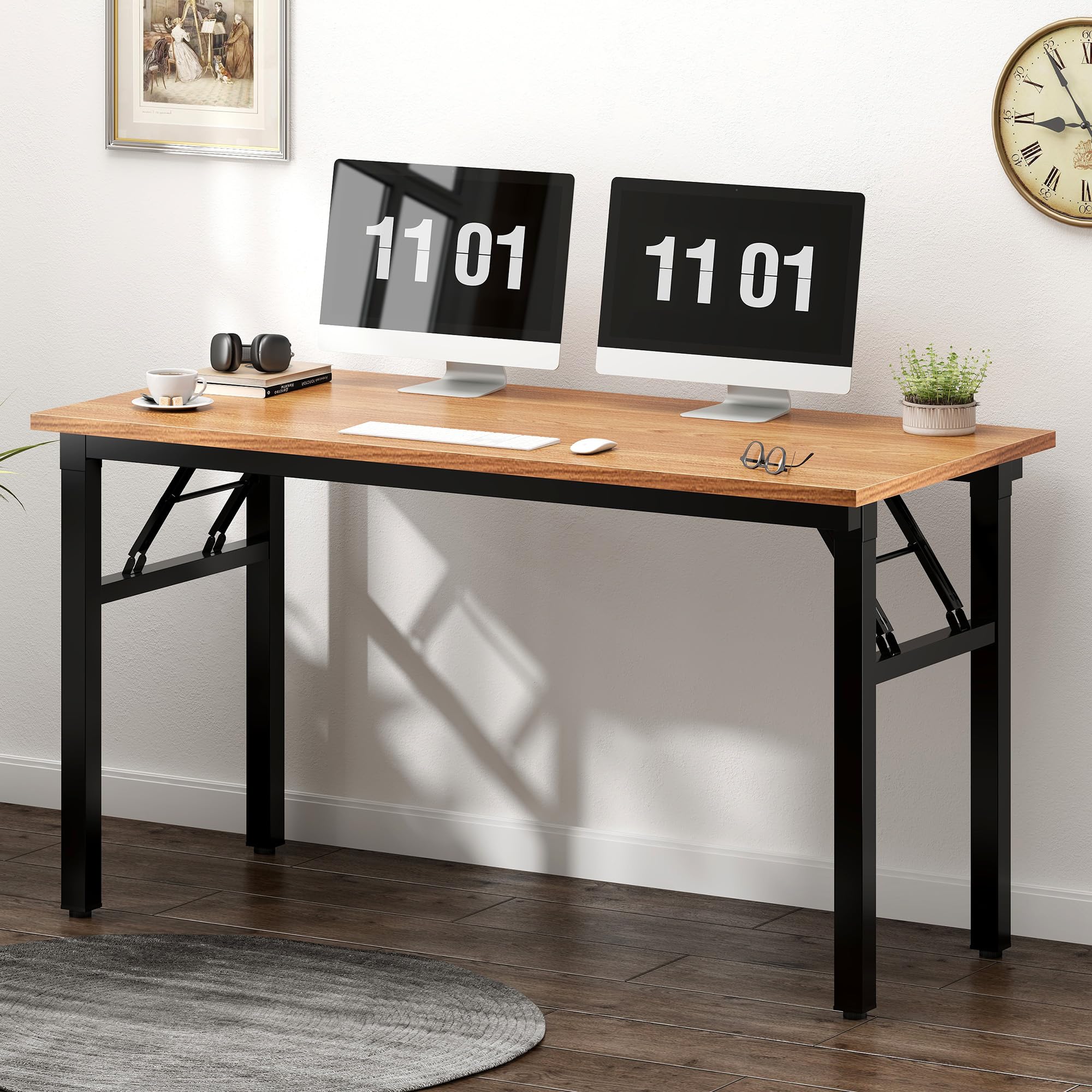 SogesFurniture 47 Inch Folding Computer Desk - BIFMA Certified Office Workstation with Teak Top & Black Legs, No Assembly Required | Perfect for Home Office, Gaming Setup & Small Spaces