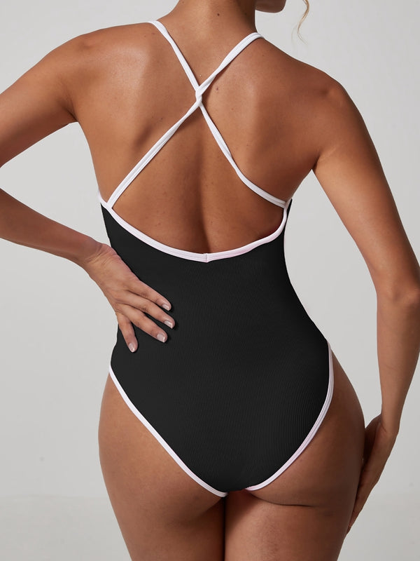 ZASUWA Women's V-Neck Cross Back Contrast Stripes Bodysuit - Sexy & Comfortable for Casual Wear, Night Out, and Layering
