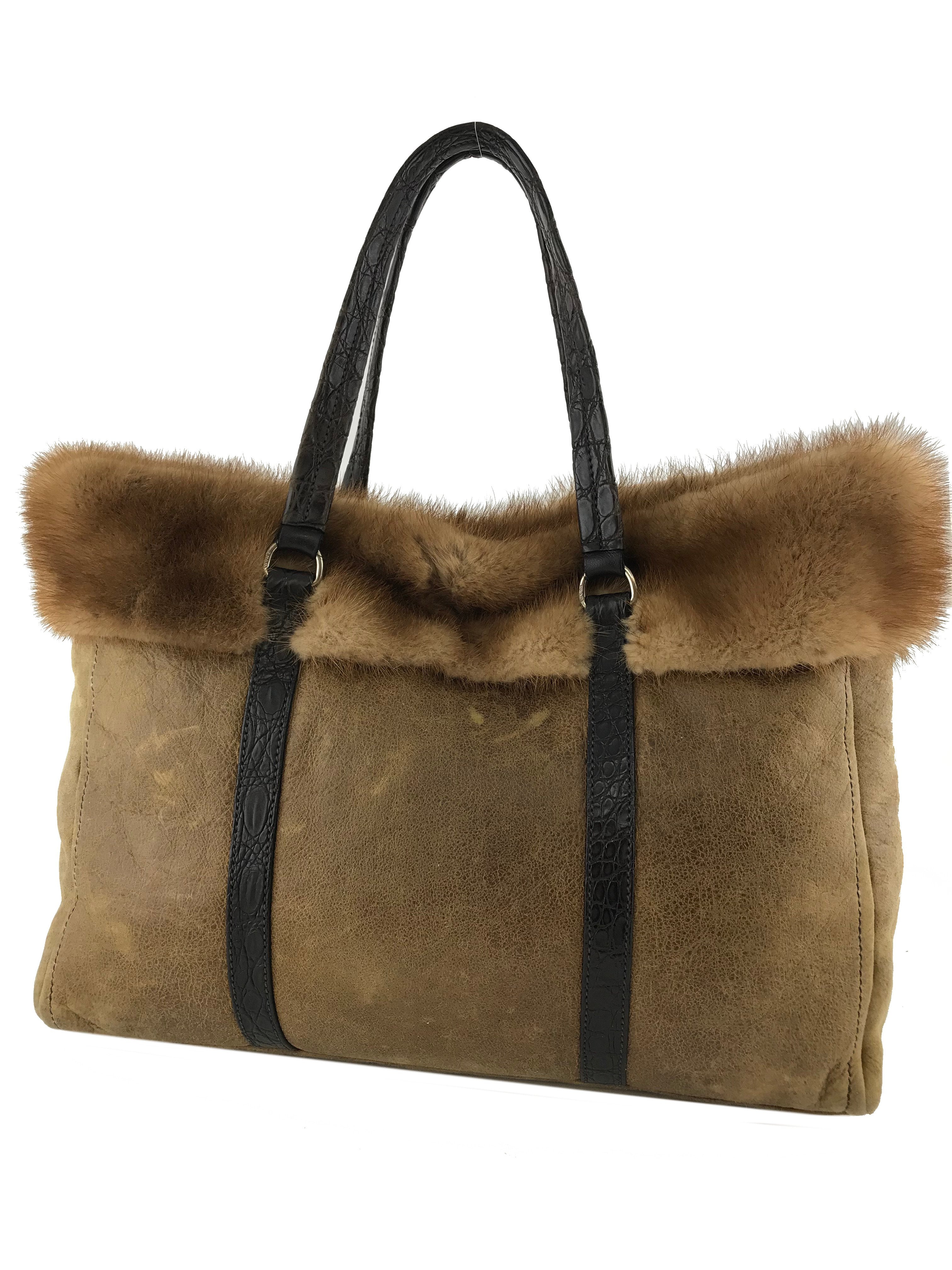 Prada Distressed Leather Mink Fur Tote Bag for Women - Luxury Designer Handbag for Shopping, Work & Travel | Stylish Everyday Purse for Office & Outings