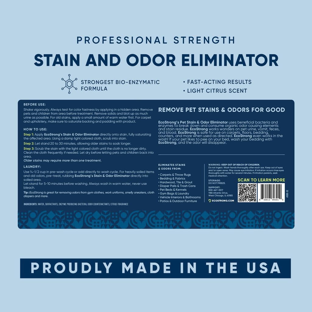 Eco Strong Pet Stain and Odor Remover - Enzyme Cleaner for Cat & Dog Urine, Eliminates Stubborn Pet Odors - 32 oz | Perfect for Carpets, Furniture & Pet Accidents