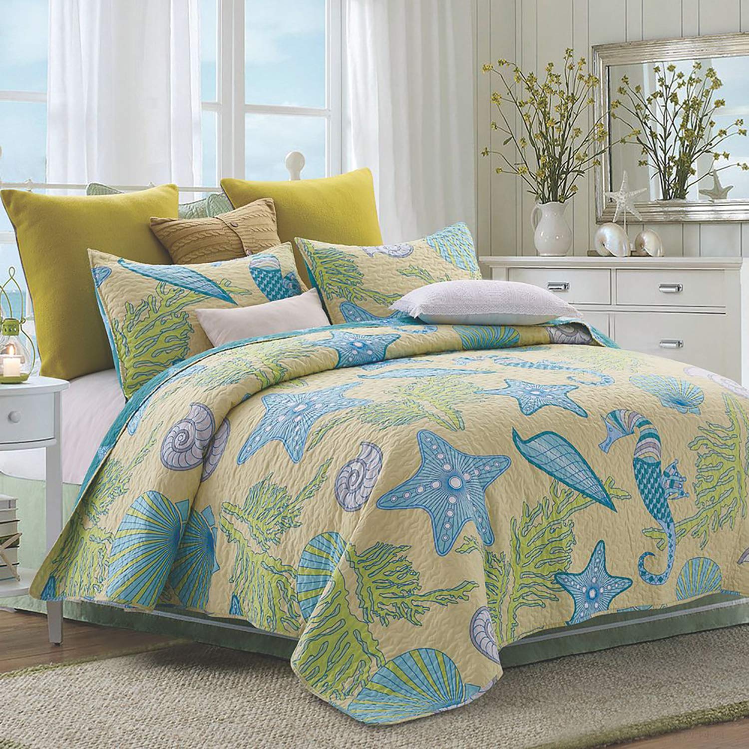 Virah Bella Collection Debra Valencia Beach Dreams Polyester Quilt Bedding Set - Full/Queen Size with 2 Standard Shams | Coastal Decor for Bedroom, Guest Room & Vacation Homes