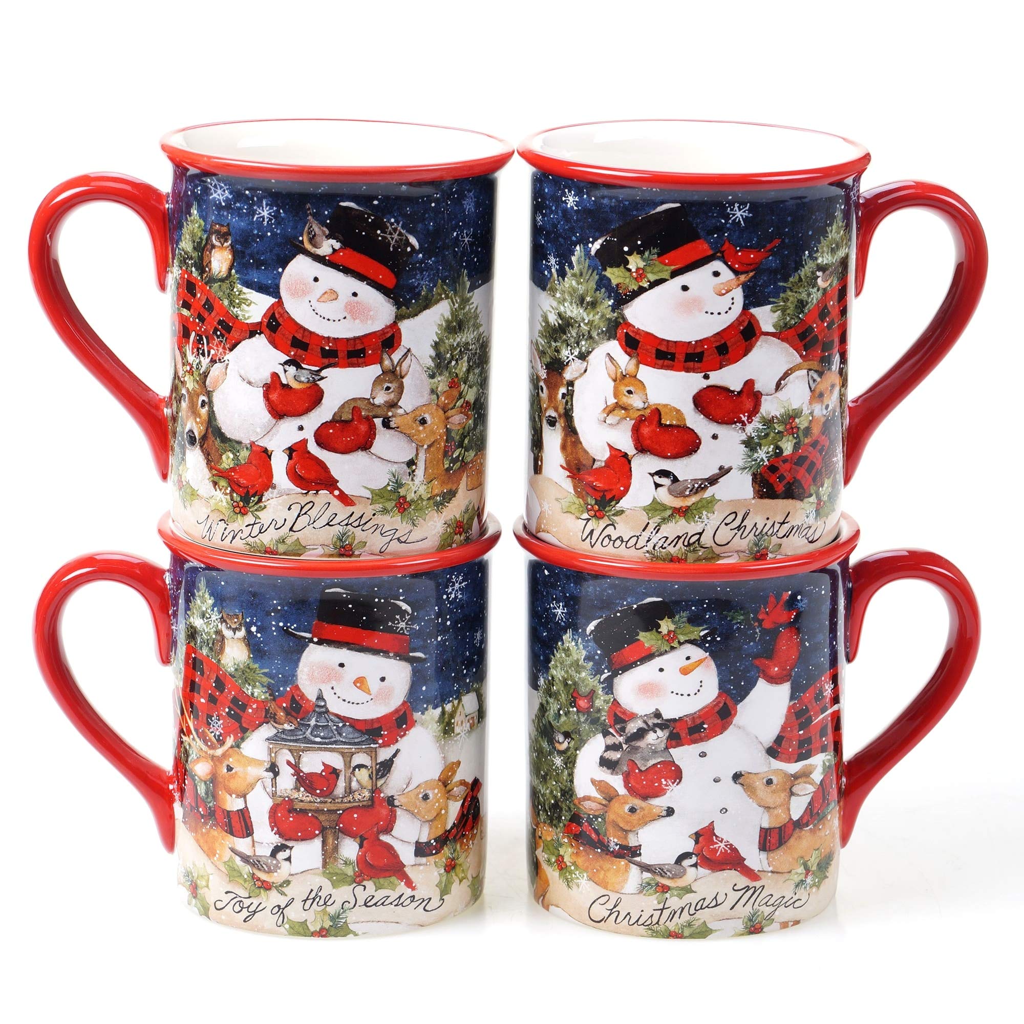 Magic of Christmas Snowman 16-Piece Dinnerware Set - Service for 4, Green Multi-Color Red Animal Print - Casual Modern Round Plates & Bowls - Dishwasher & Microwave Safe - Perfect for Holiday Parties & Family Gatherings
