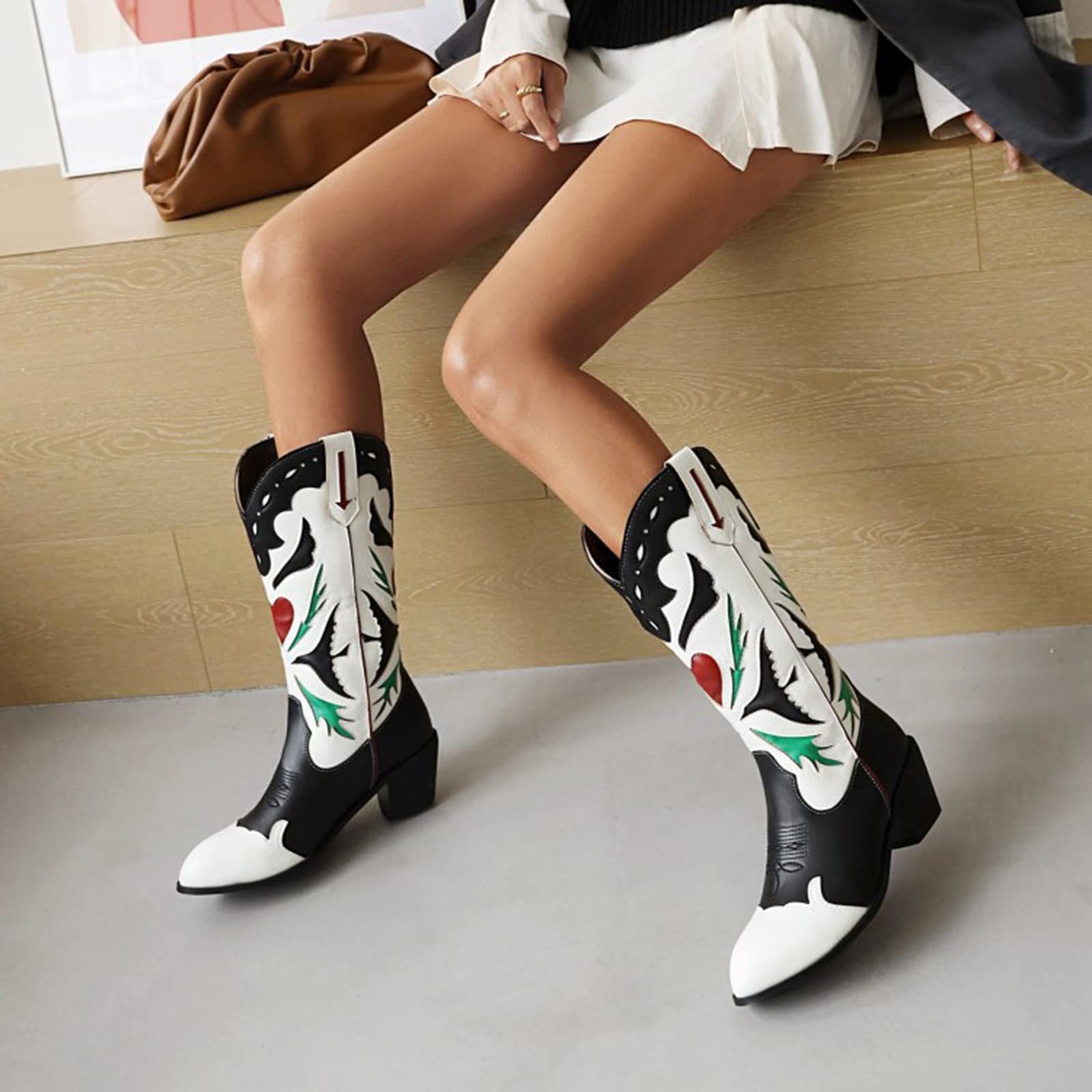 Women's Cowboy Boots with Chunky Heel - Embroidered Square Toe Western Cowgirl Boots (Black, Size 5.5 US) | Perfect for Country Dancing, Rodeos & Western Fashion