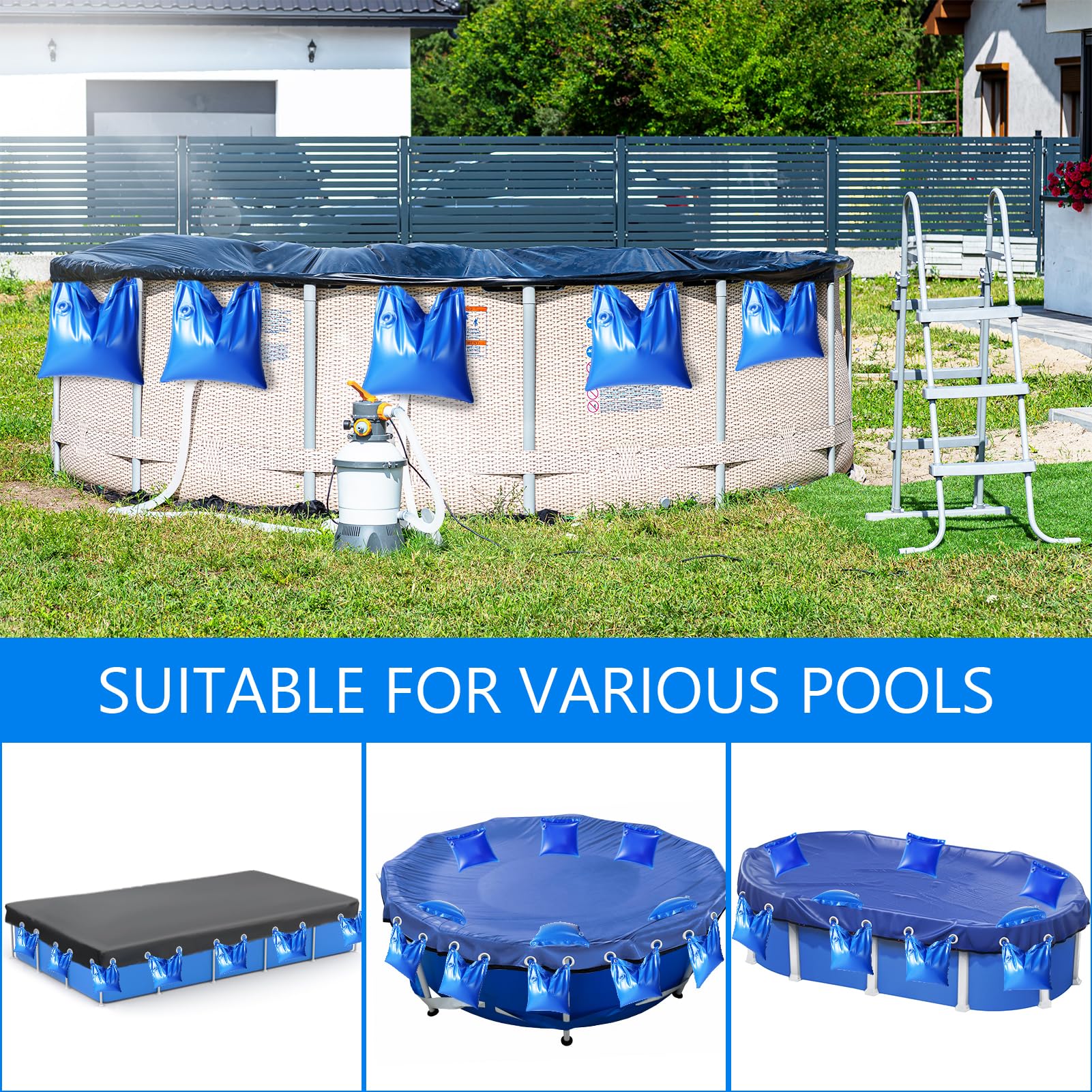 Heavy Duty 10-Pack PVC Pool Cover Water Bags - Wall Hanging Weights for Above Ground & Inground Swimming Pools, Hot Tubs - Winter Cold Resistant Blue Water Tubes (Perfect for Securing Pool Covers in All Seasons)