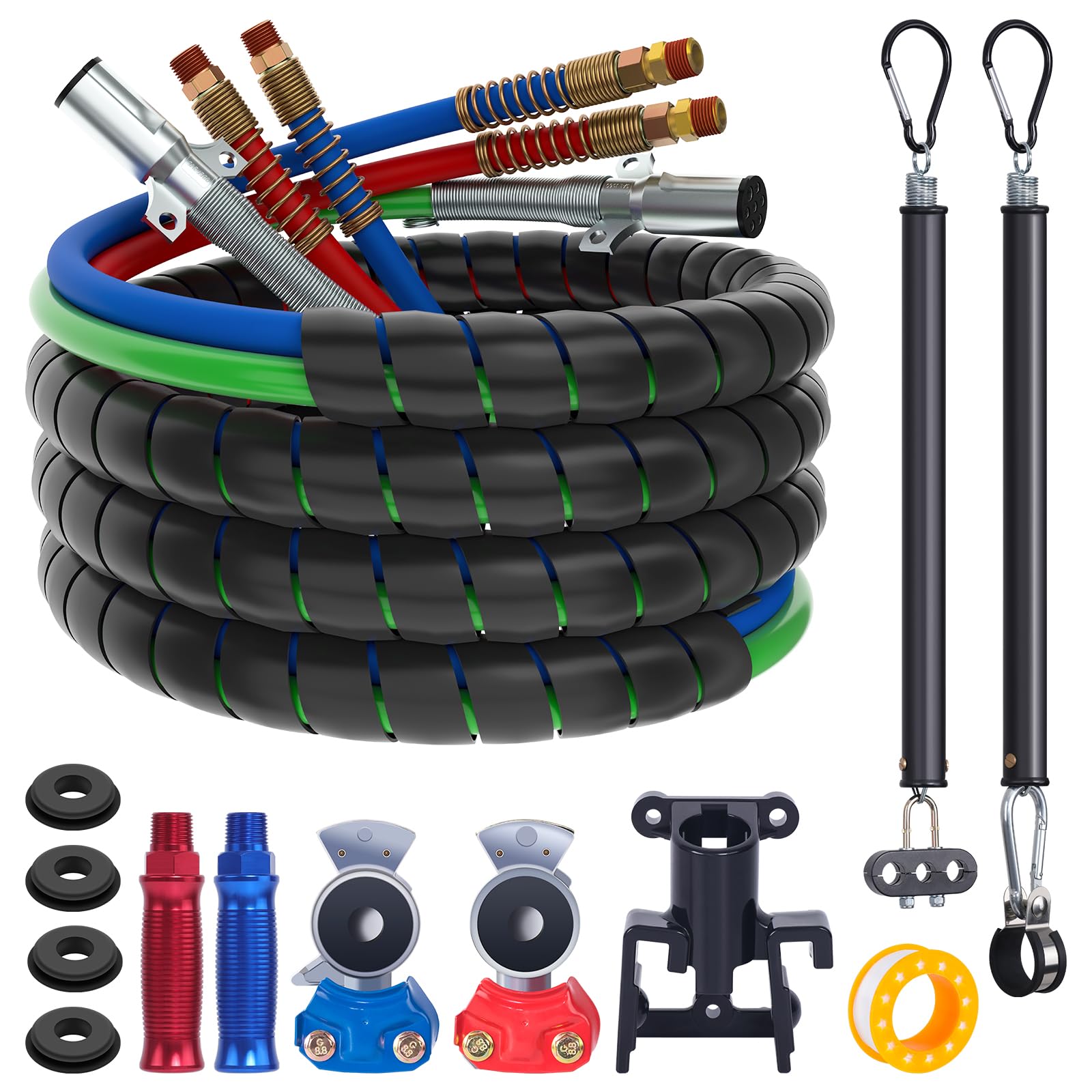 CheeMuii 15FT Semi Truck Air Line Kit - Red & Blue Air Brake Hoses with Gladhand Holder, Springs & 7-Way Trailer Cord | 3-in-1 Air Brake System for Semi Trucks, Trailers & Tractors | Ideal for Long-Haul Trucking & Heavy-Duty Towing