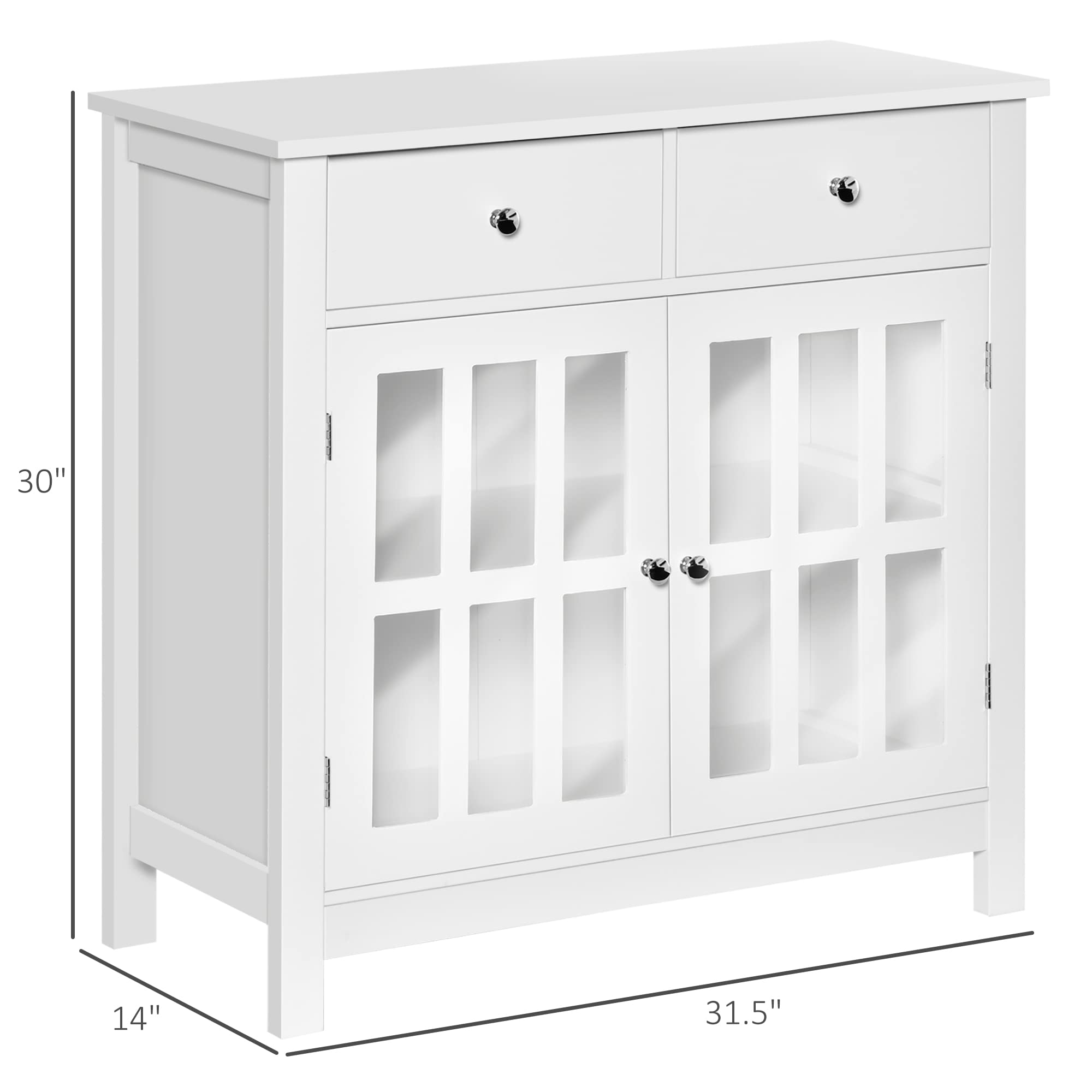 HOMCOM White Sideboard Buffet Cabinet with Glass Doors, Adjustable Shelf & 2 Drawers - Modern Kitchen Storage for Dining Room, Living Room, or Entryway Organization
