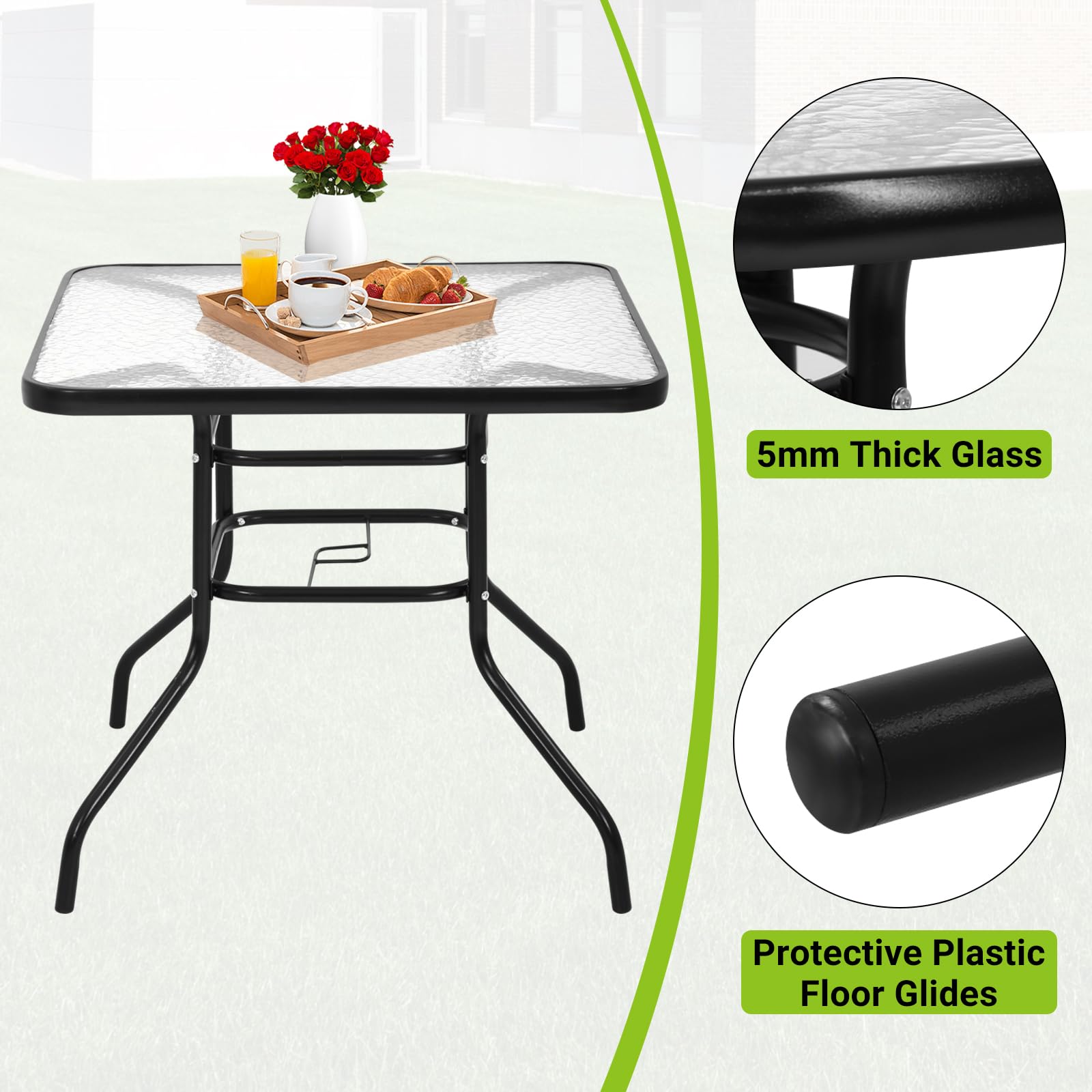 32'' Square Outdoor Bistro Table with Tempered Glass Top & Umbrella Hole - Patio Dining Set for Garden, Lawn, Balcony, Yard, Bars & Restaurants | Perfect for Al Fresco Meals, BBQs & Outdoor Entertaining