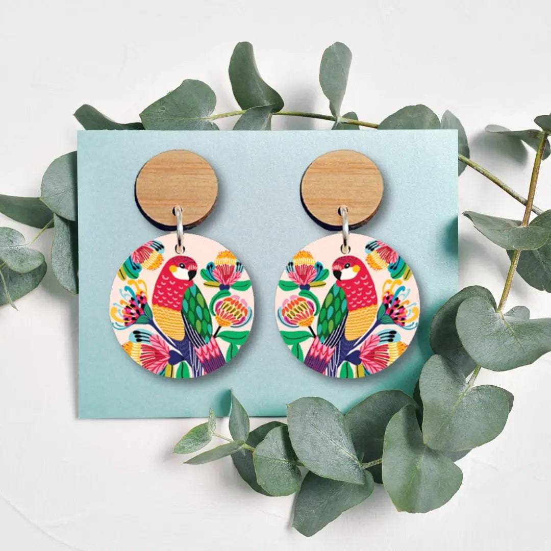 Handmade Australian Rosella Birds Wooden Earrings - Unique Boho Dangle Earrings for Women - Perfect for Casual Wear, Parties & Gifts