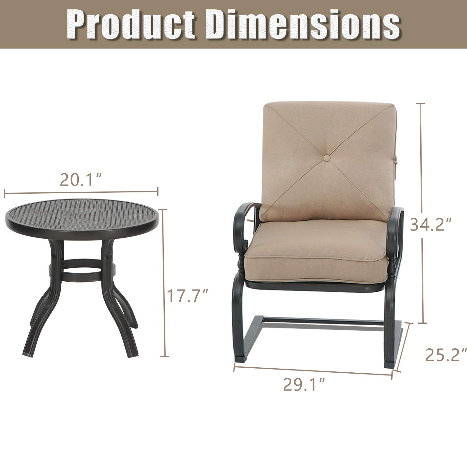 3 Piece Outdoor Bistro Set - Spring Metal Lounge Chairs & Round Table - Wrought Iron Patio Furniture in Brown - Perfect for Garden, Balcony, and Backyard Relaxation