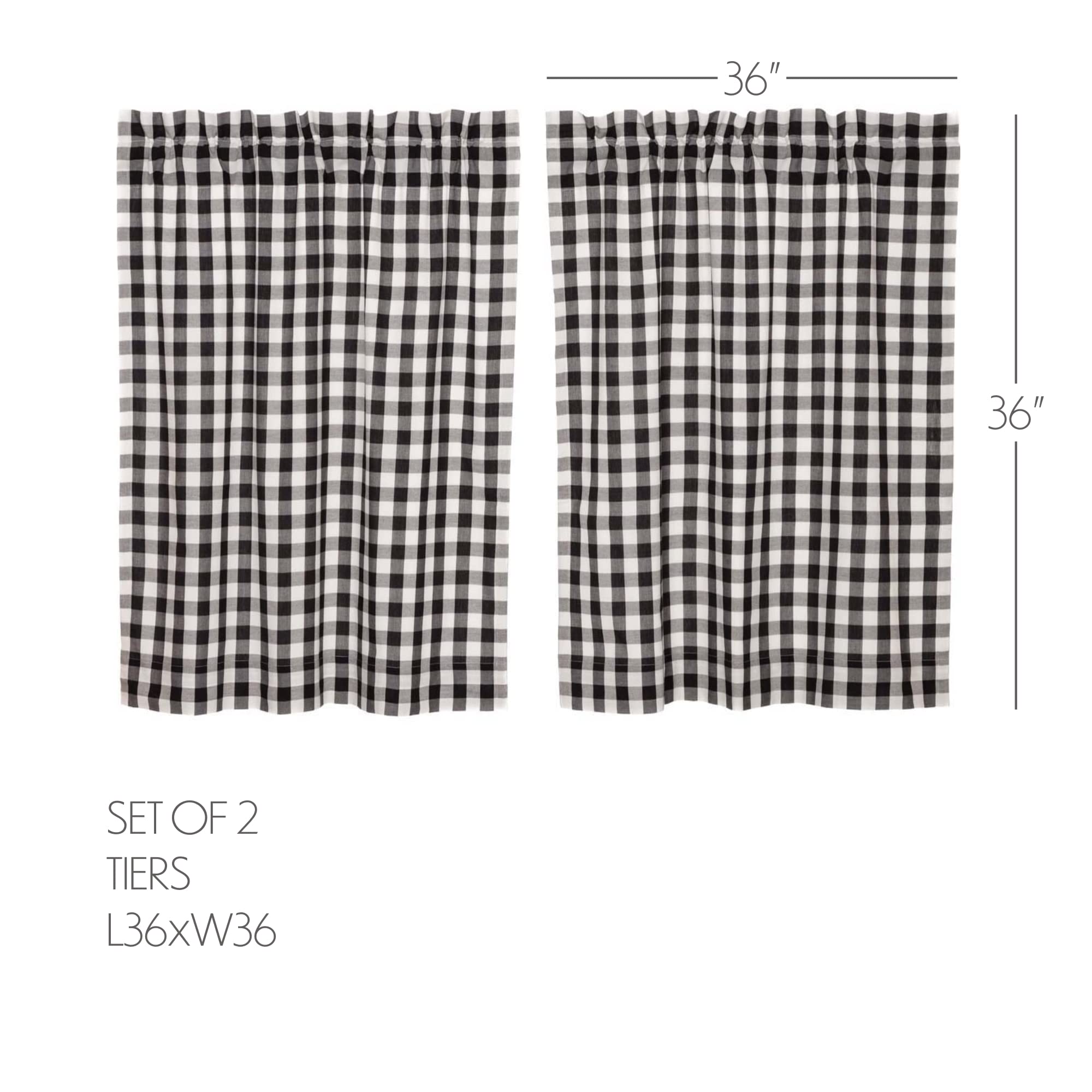 Annie Buffalo Check Cotton Farmhouse Kitchen Curtains - Black 36x36 Tier Pair with Rod Pocket | Rustic Country Style Window Treatment for Cozy Home Decor