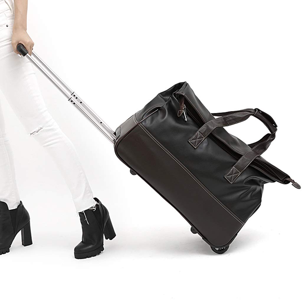 Premium Soft PU Rolling Tote Travel Bag with Wheels - Waterproof Wheeled Duffle Carry On Luggage for Business & Weekend Trips - Medium Black Weekender Bag for Women (Perfect for Air Travel, Gym & Overnight Stays)