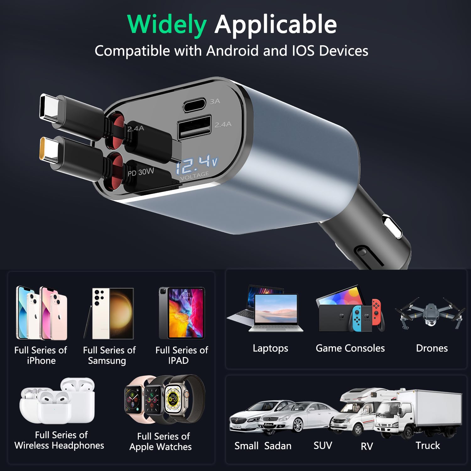 Paiholy 4-in-1 Retractable Car Charger 100W Fast Charging with Dual Type-C & 2 USB Ports - Compatible with iPhone 16/15/14 Pro Max, Galaxy S24/S23, Google Pixel - Perfect for Road Trips, Commuting & Multi-Device Charging in Your Vehicle