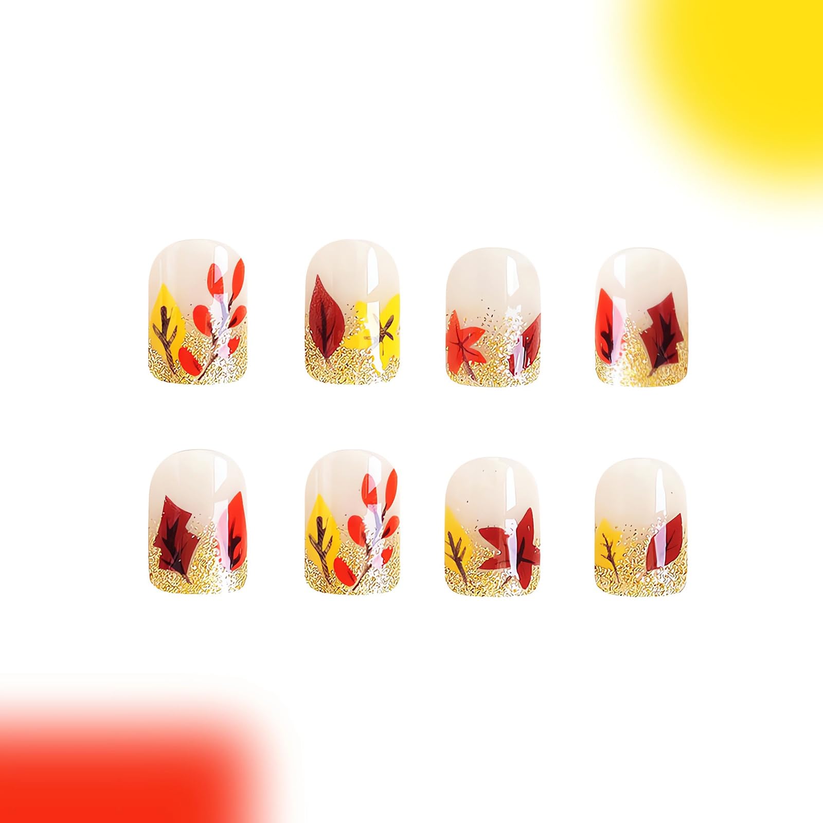 Maple Leaf Press on Nails - Short Square Fake Nails with Glossy Gold Glitter | Full Cover Fall Leaves Design | Autumn Thanksgiving Nail Art Decor for Women | Perfect for Thanksgiving Parties, Halloween Costumes & Seasonal Nail Fashion