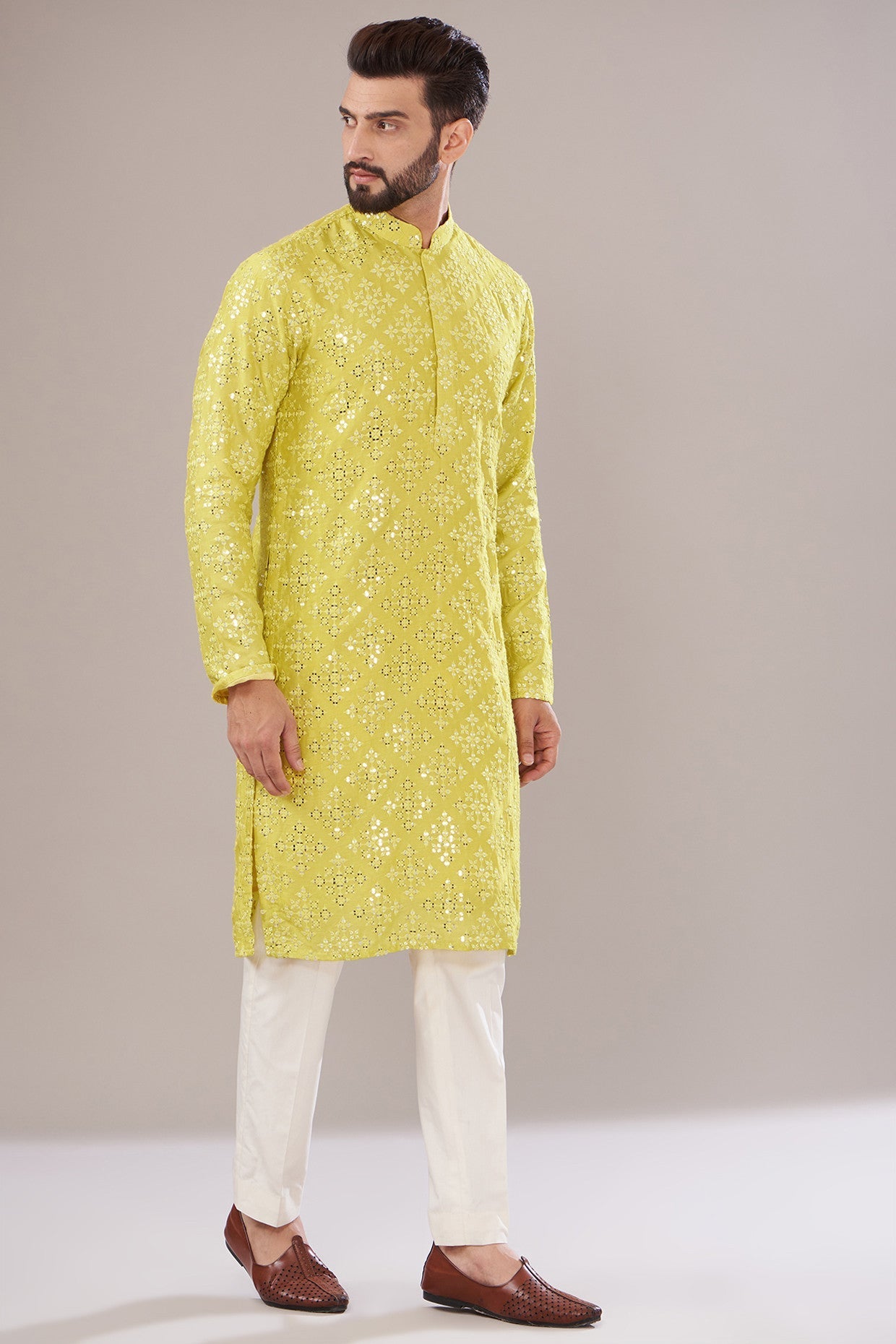 Neon Yellow Silk Embroidered Kurta for Women - Elegant Indian Traditional Dress for Festivals, Weddings & Special Occasions