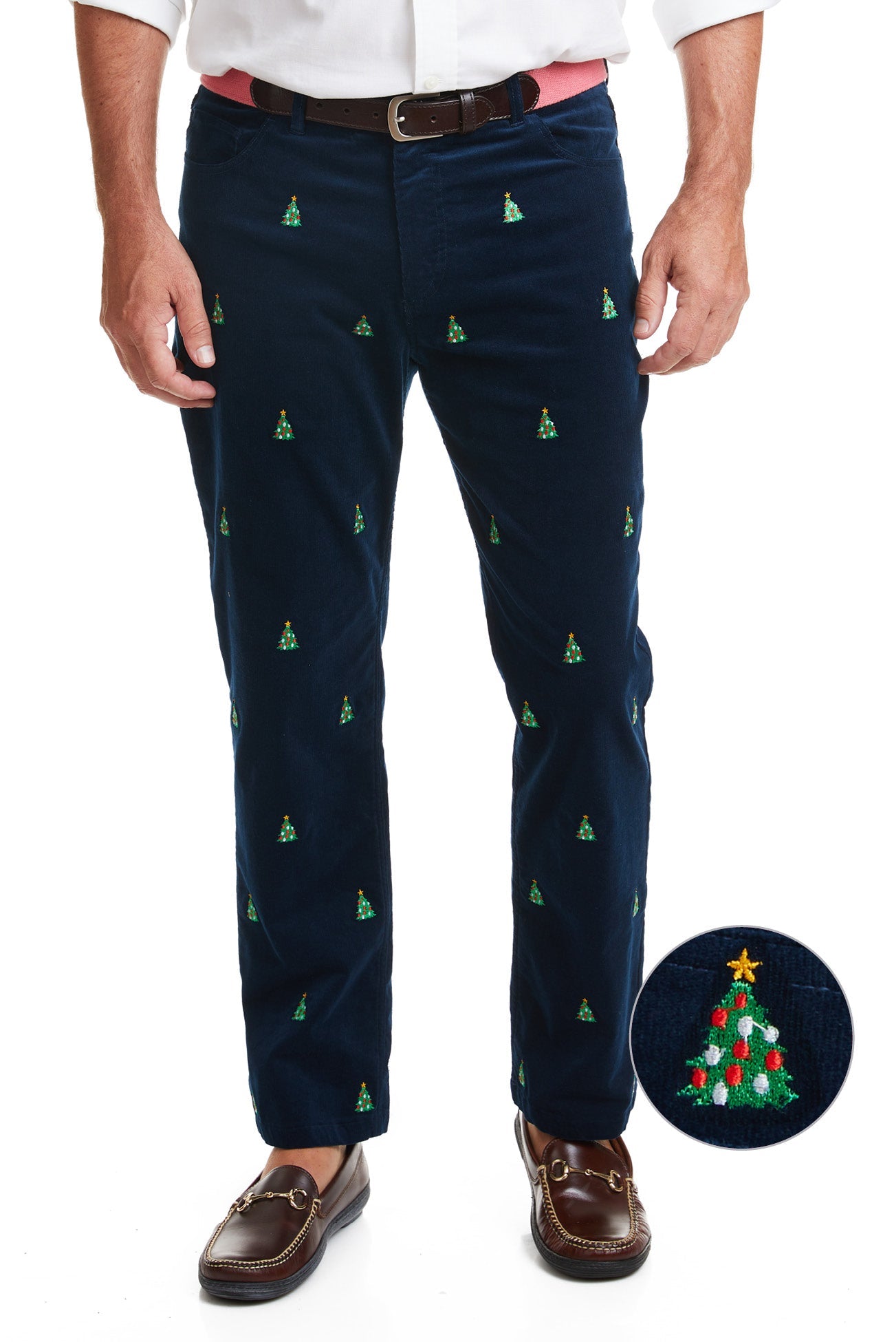 Wayfarer 5 Pocket Pinwale Corduroy Pants for Men - Nantucket Navy with Christmas Tree Design | Comfortable Casual Winter Trousers for Holiday Parties & Office Wear