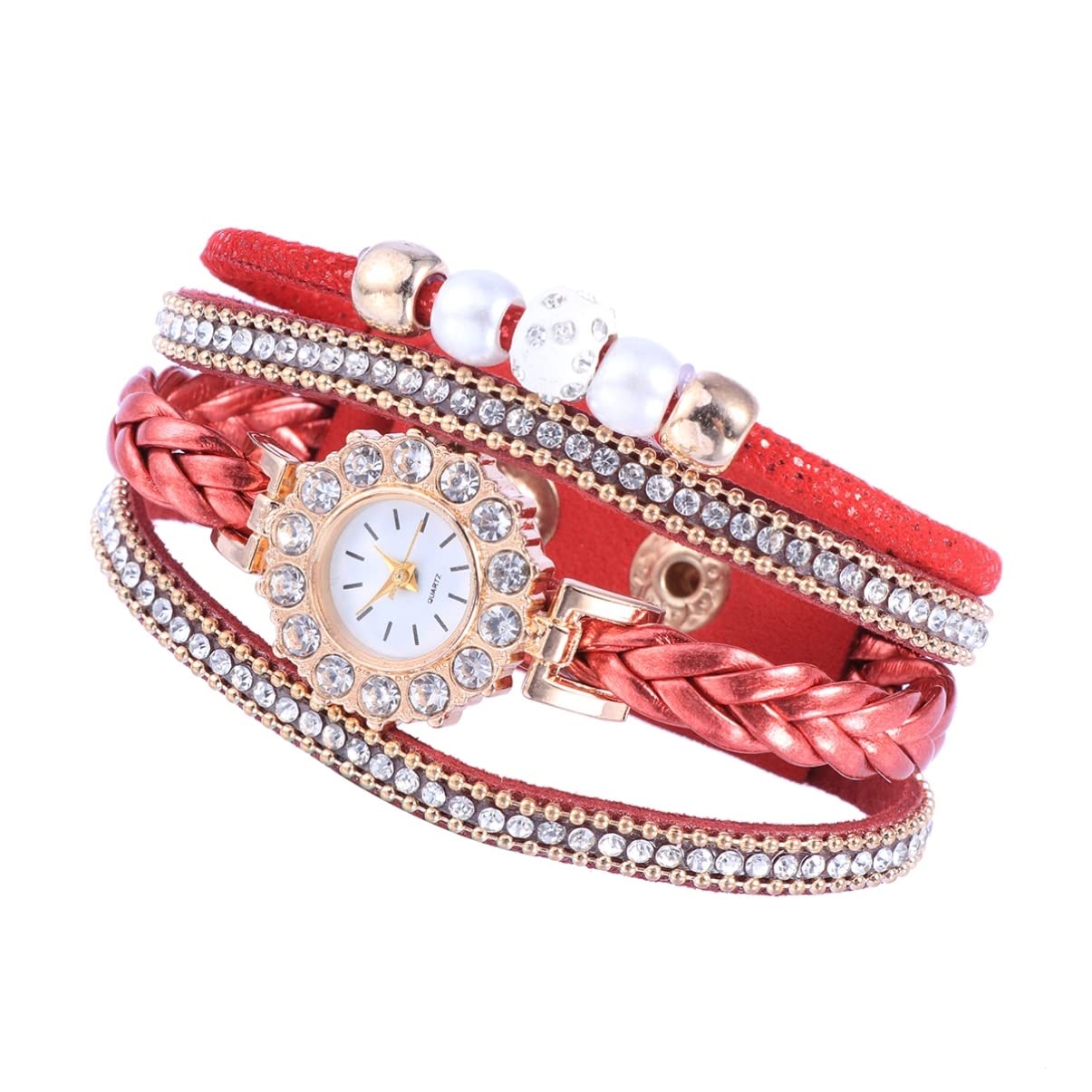 POPETPOP Women's Black & Red Quartz Bangle Watch - Crystal Diamond Accented Bracelet with Multi-Layer Pearls - Elegant Jewelry Watch for Women & Girls (Perfect for Holidays, Parties & Special Occasions)