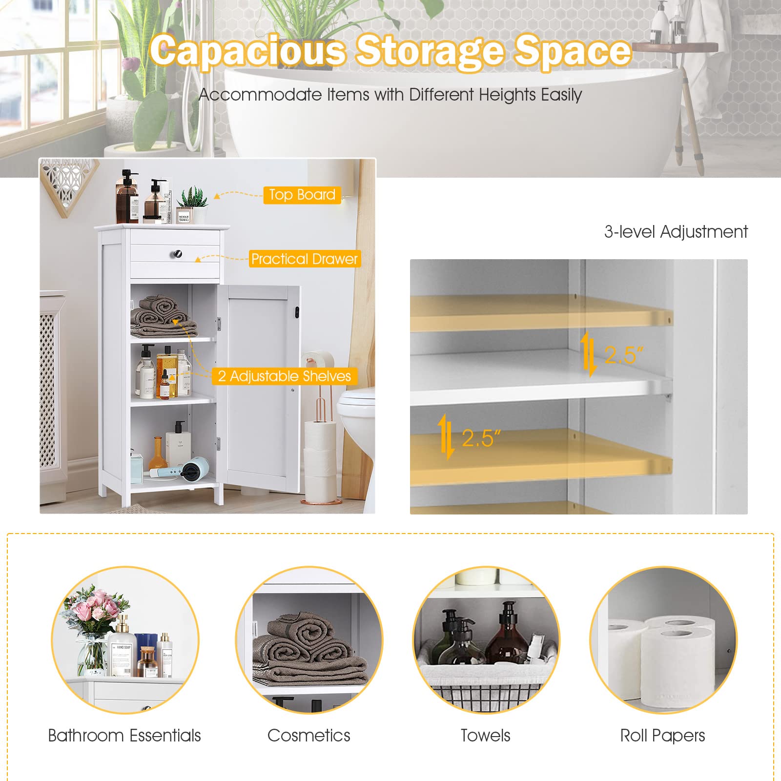 GOFLAME Freestanding Bathroom Storage Cabinet - White Wooden Organizer with Large Drawer & 7-Position Adjustable Floating Shelves | Perfect for Bathroom, Living Room & Bedroom Storage Solutions