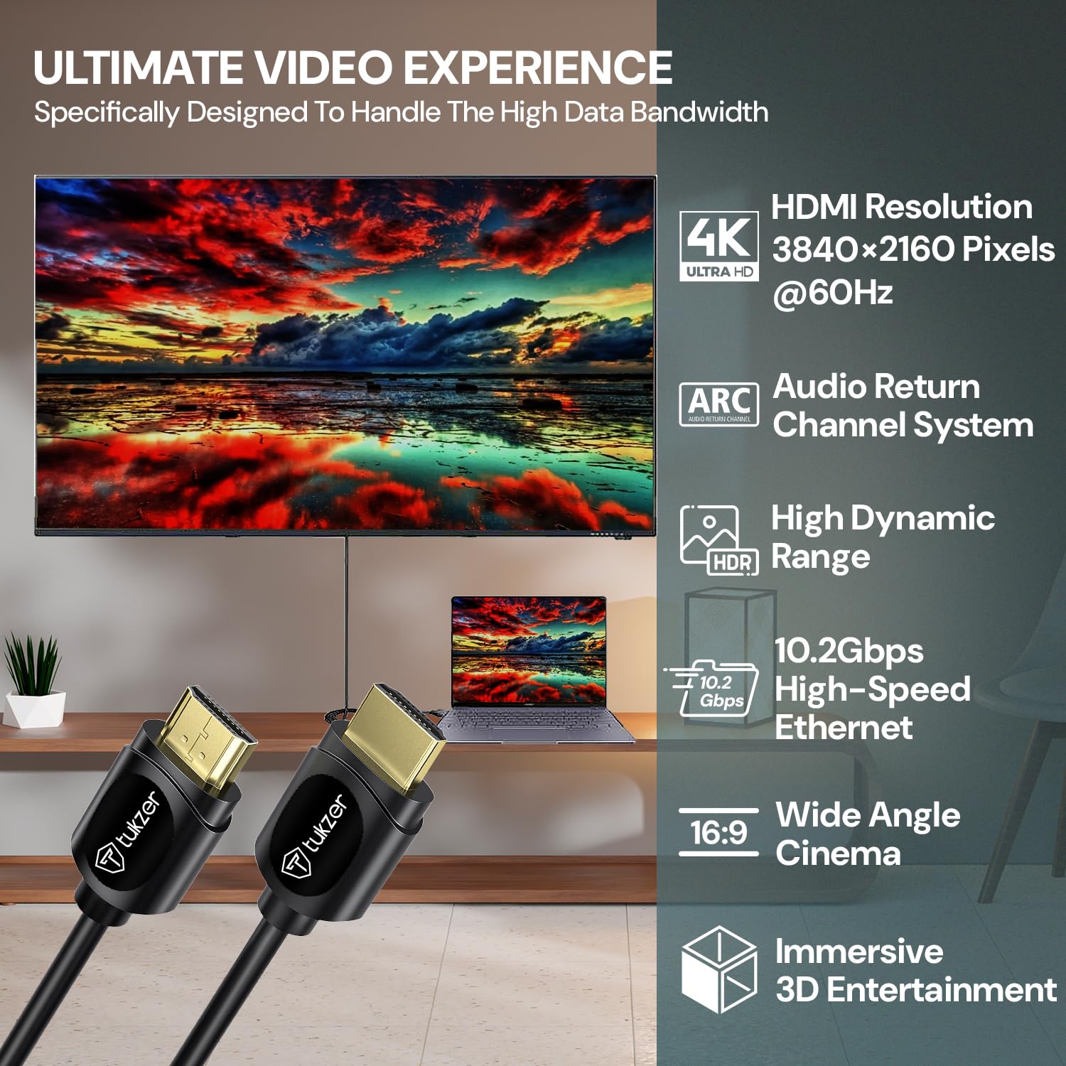 Tukzer 4K HDMI Cable 10ft - Ultra High Speed 18Gbps, 4K@60Hz, HDR, 3D, Ethernet, ARC, Gold-Plated Connectors - Compatible with Smart TV, Monitor, PC, PS5, Xbox Series X, Projector - Perfect for Home Theater & Gaming Setup