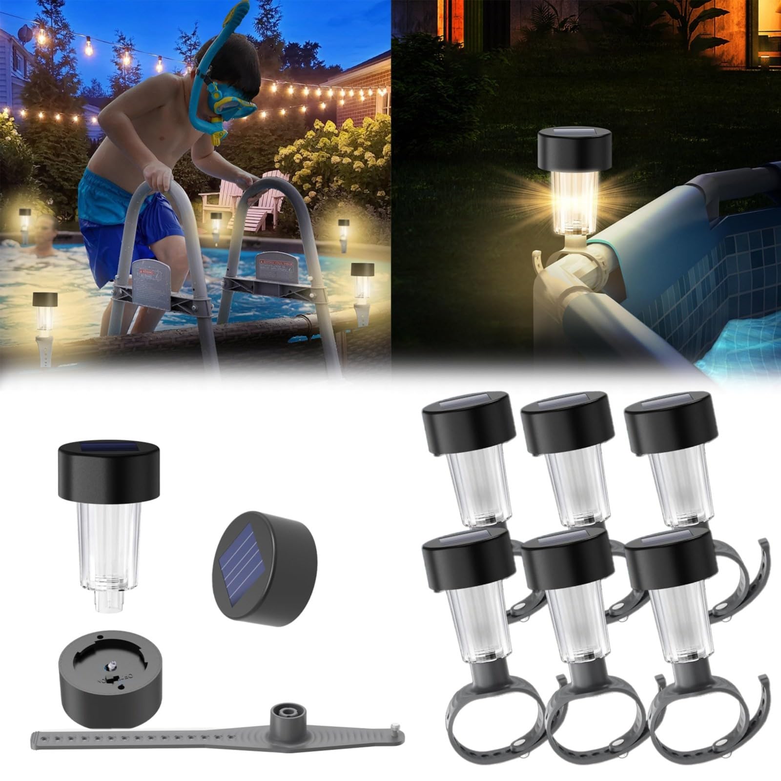 Solar Pool Lights 6-Pack - Waterproof LED Solar Lights for Above Ground Pools, Outdoor Swimming Pool Fence & Enclosure Lighting Decorations - Perfect for Nighttime Pool Parties & Backyard Decor
