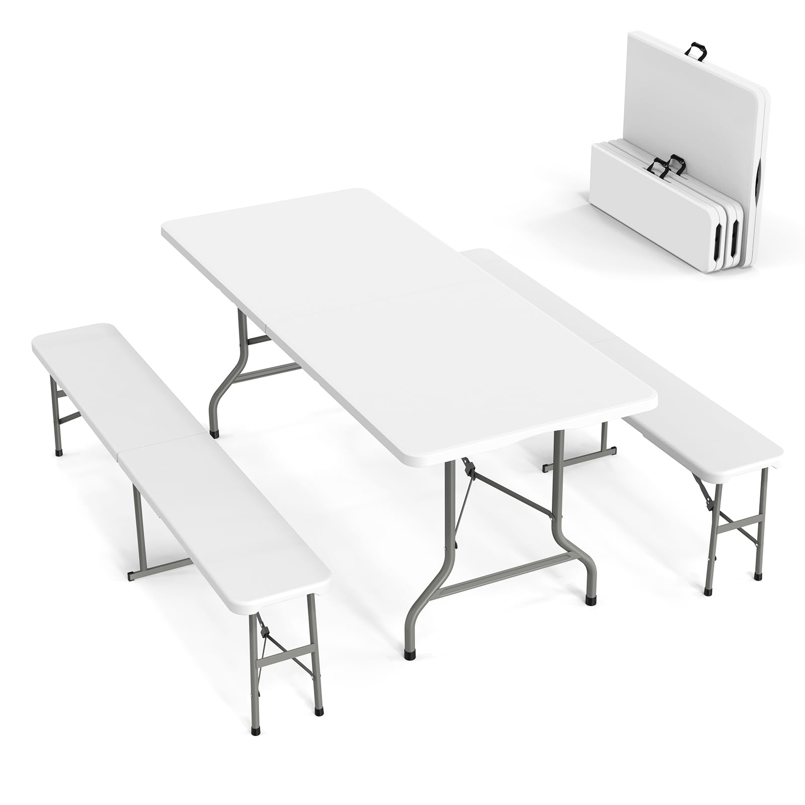 VINGLI 6-Foot Picnic Table Set with 2 Benches - 3-Piece Folding Camping Furniture for Indoor & Outdoor Use - Smooth White Tabletop - Perfect for Backyard BBQs, Camping Trips & Patio Dining