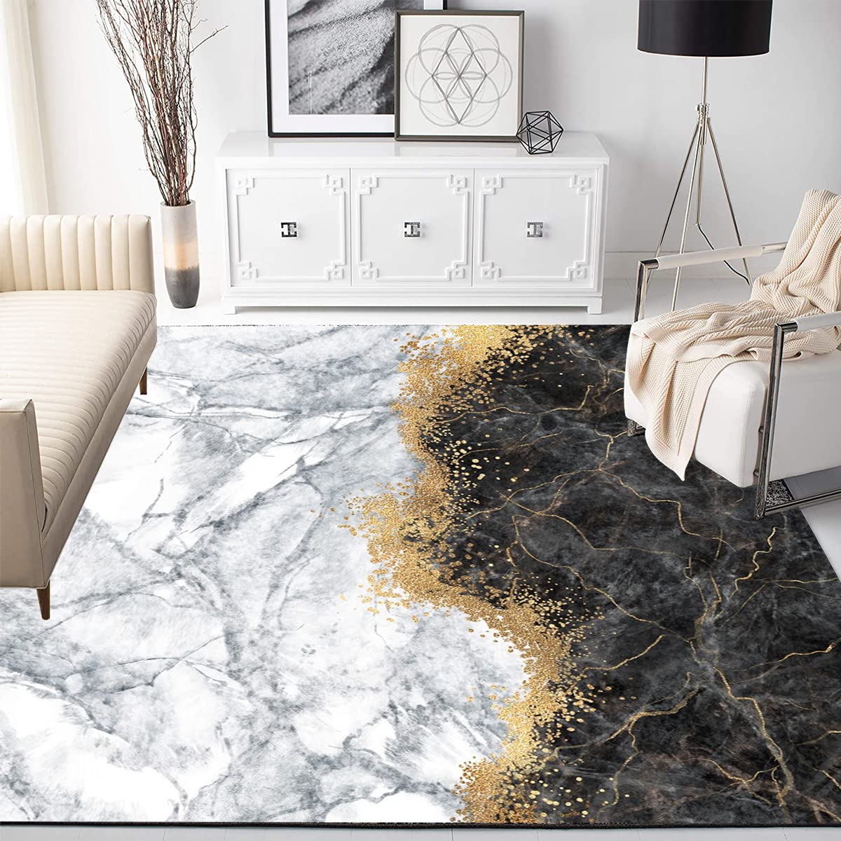 Modern Abstract Area Rug 6x9 Feet - Marble Pattern in Black, Grey & Gold - Soft Living Room, Bedroom & Dining Room Rug - Retro Accent Carpet for Home Office, Kitchen & Laundry Room - Art Deco Floor Mat for Cozy Spaces