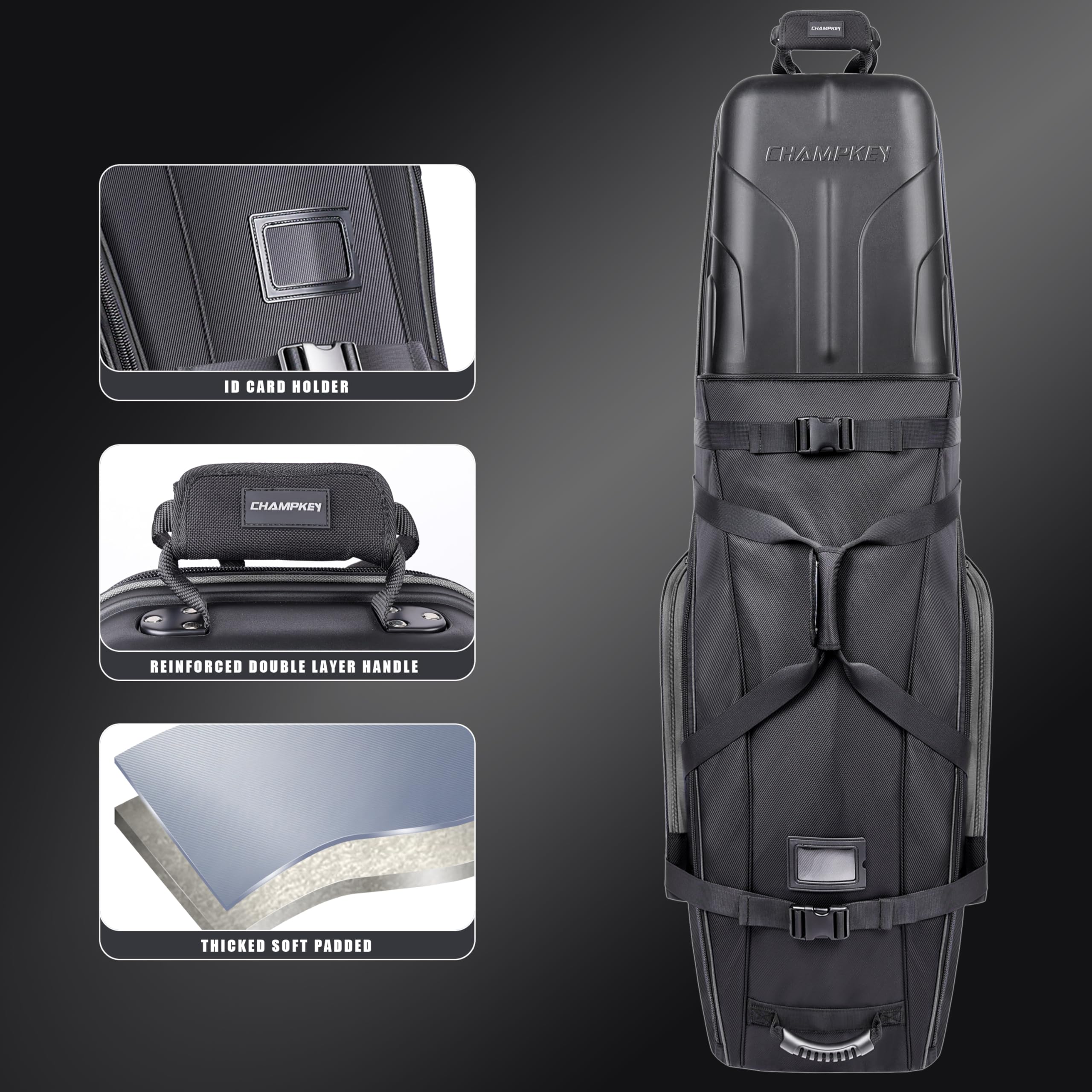 CHAMPKEY Premium Golf Travel Bag for Airlines - Hard Case Top with Oversized Wheels - Durable Oxford Fabric Golf Club Carrier - Gray Luggage for Air Travel & Golf Trips