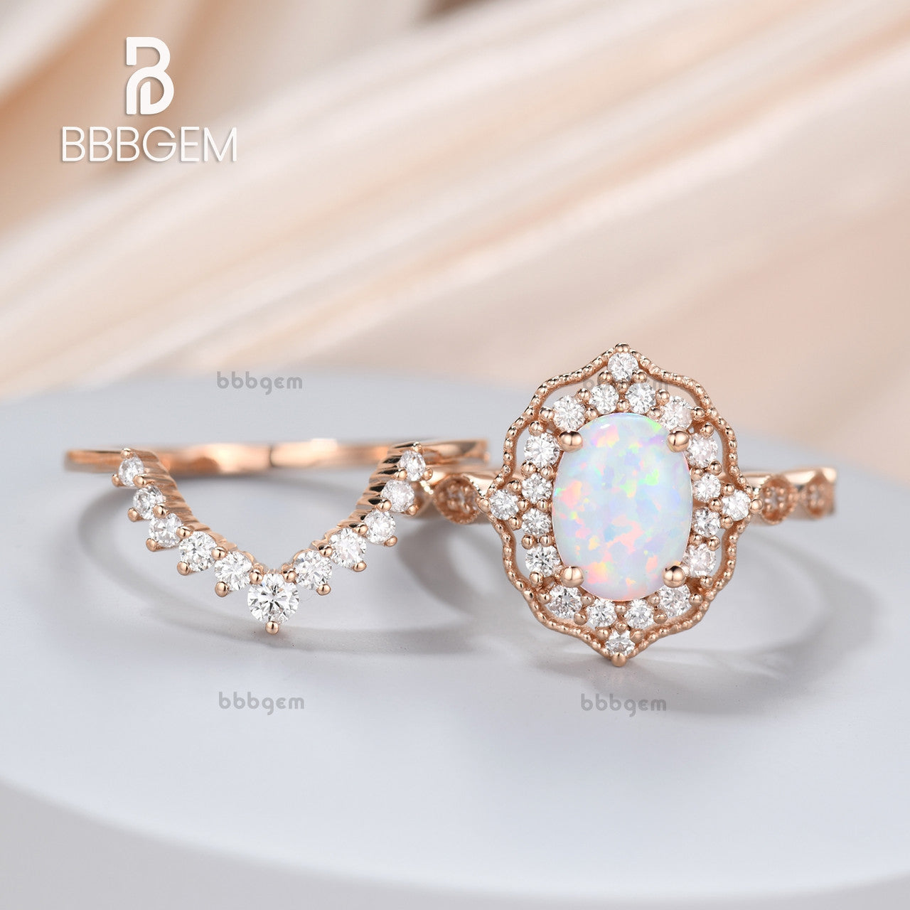 Vintage Opal Ring Set 14k Rose Gold Engagement Wedding Ring Stacking Half Eternity Diamond Matching Band for Women - Perfect for Bridal Jewelry, Anniversary Gifts & Special Occasions