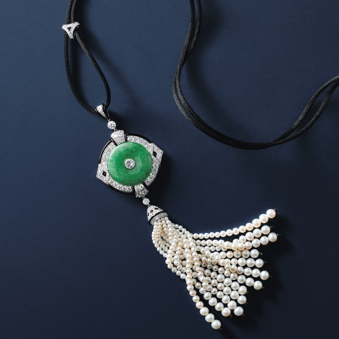 Exquisite Jade, Diamond & Pearl Tassel Necklace - Elegant Statement Jewelry for Weddings, Parties & Special Occasions