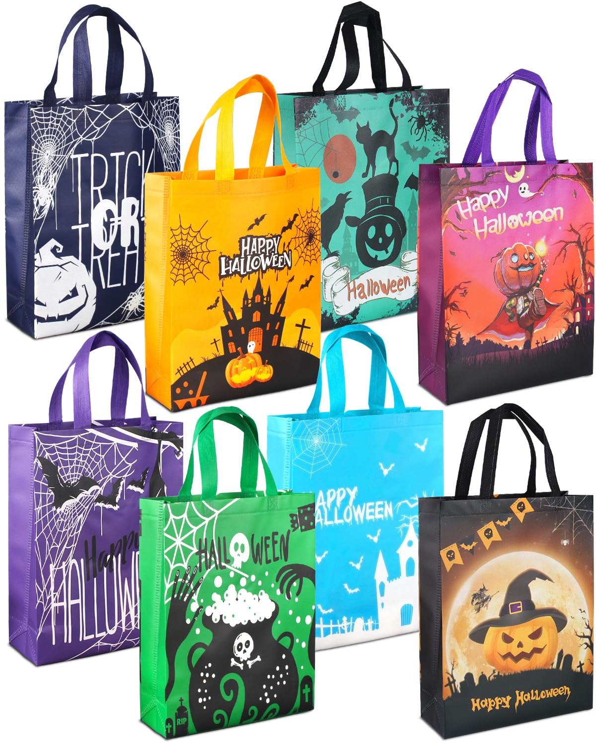 Aviski 8-Piece Halloween Tote Bags Set - Large Reusable Non-Woven Gift Bags for Party Favors, Treats & Holiday Wrapping | Perfect for Trick-or-Treat, Halloween Parties & Festive Gift Giving