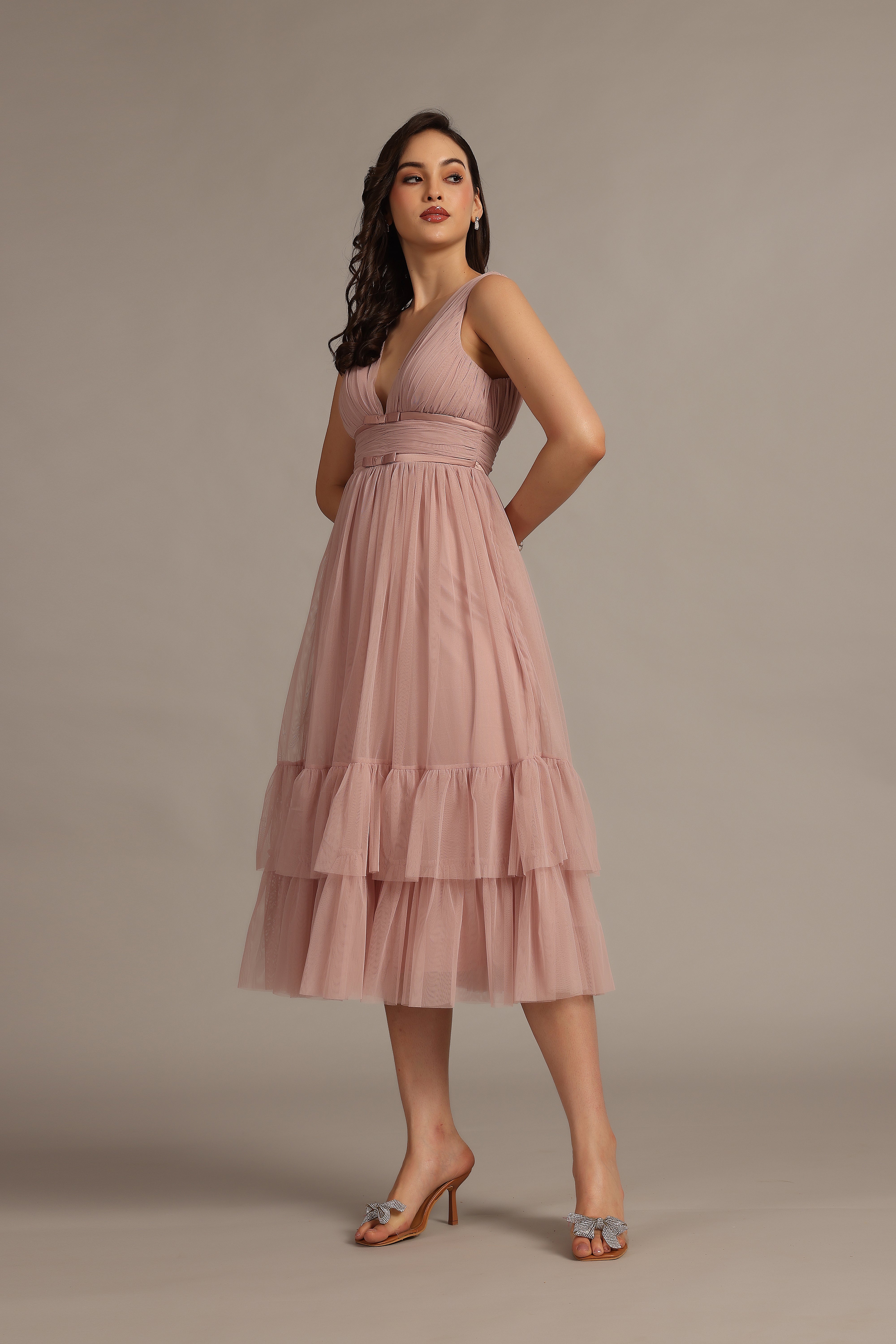 Nymeria Soft Pink Midi Dress - Elegant Flowy Women's Summer Dress for Weddings, Parties & Casual Outings