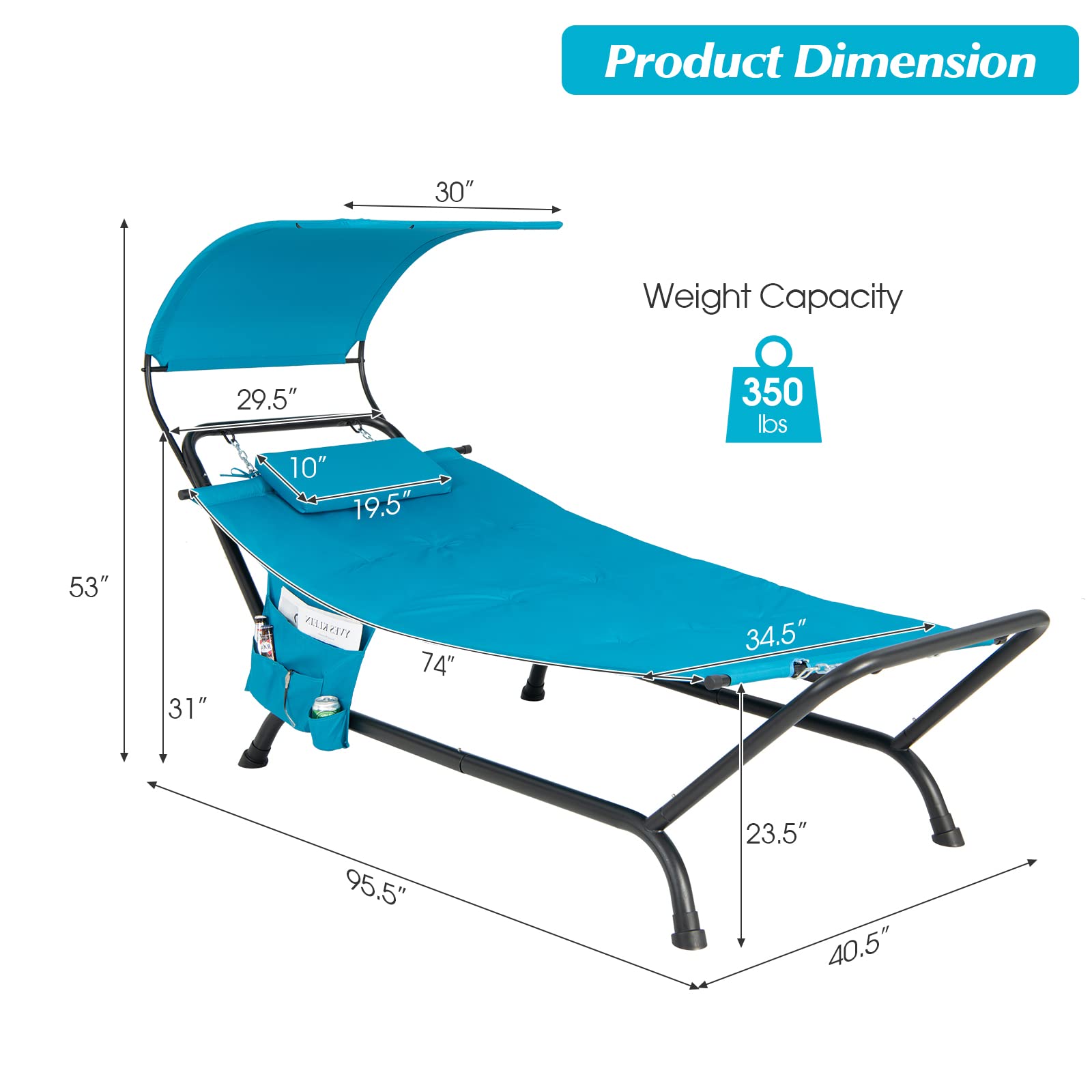 Giantex Heavy Duty Hanging Hammock with Stand - Outdoor Patio Swing Bed with Canopy, Cushion, Pillow & Storage Bag - Blue Chaise Lounge Chair for Garden, Backyard, Poolside, Porch - Perfect for Relaxing, Sunbathing and Outdoor Lounging