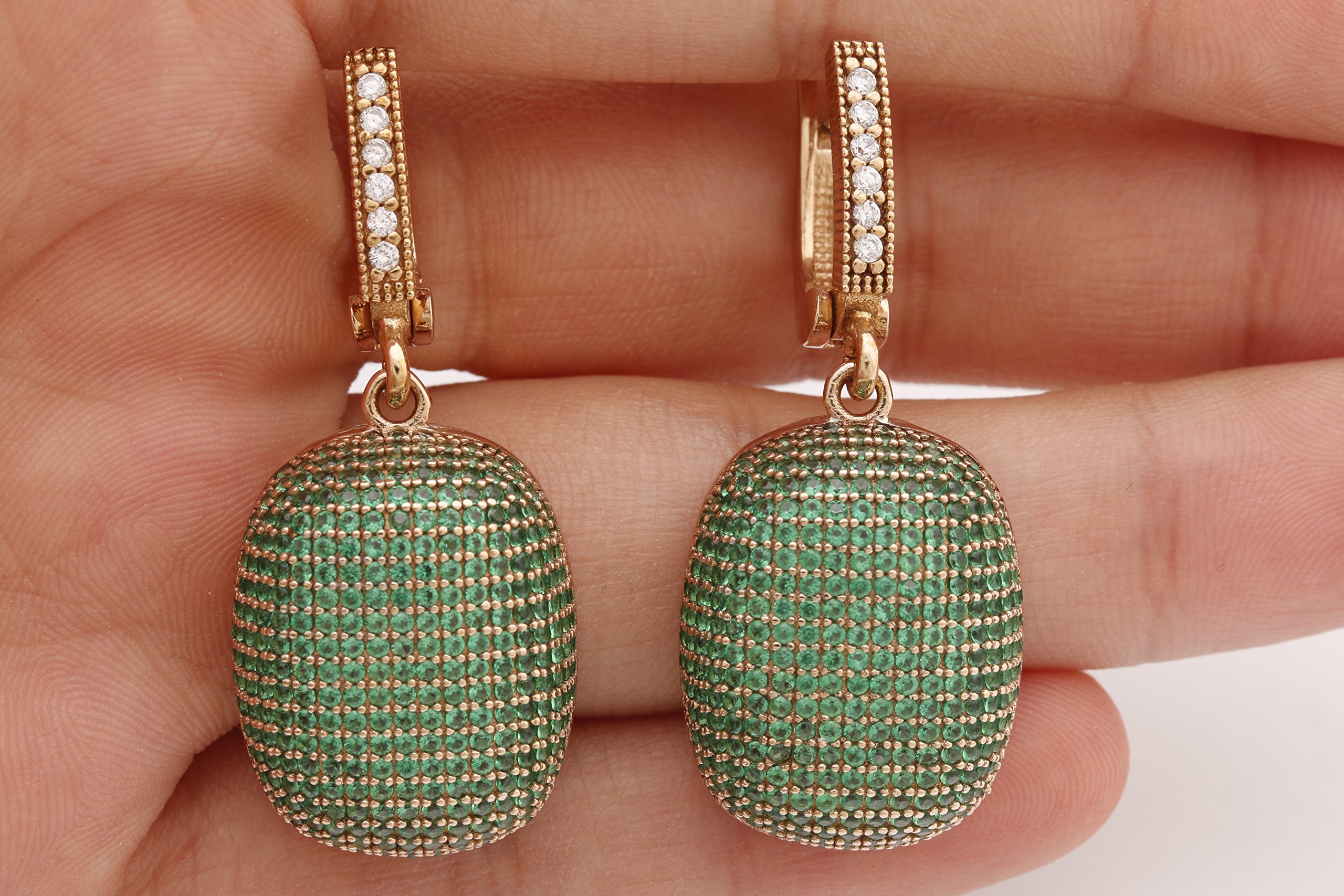 Exquisite Turkish Handmade 925 Sterling Silver Drop Earrings with Round Cut Emerald Zircon Stones | Elegant Dangle Jewelry for Women | Perfect for Weddings, Parties & Special Occasions